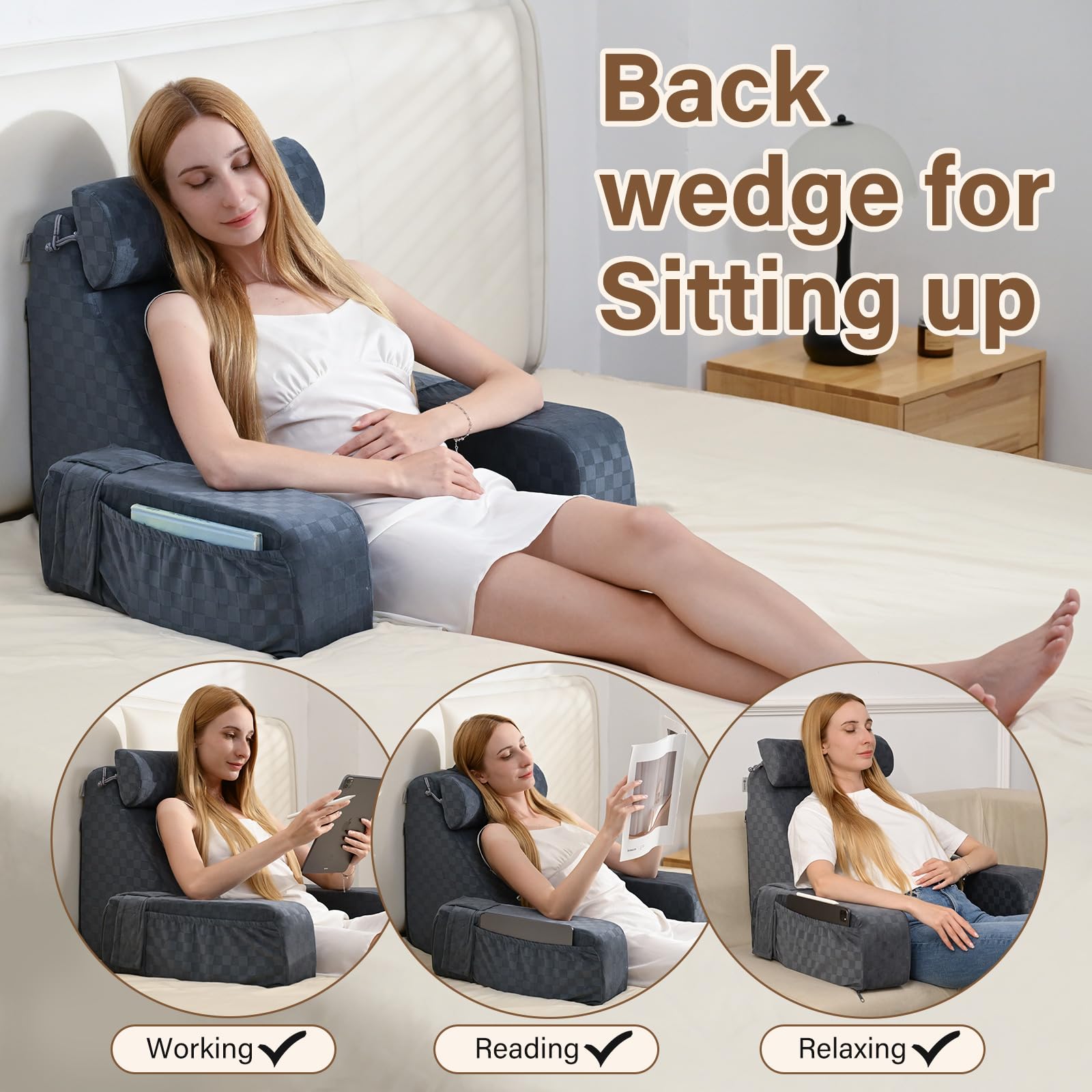Vekkia Adult Reading Pillow for Sitting in Bed - Back Support Pillow with Large Pockets, Perfect for Reading, Gaming, Watching TV in Bed or on Floor - 19 Inch Dark Grey Bed Rest Pillow - Ideal for Cozy Nights, Relaxation & Comfortable Lounging