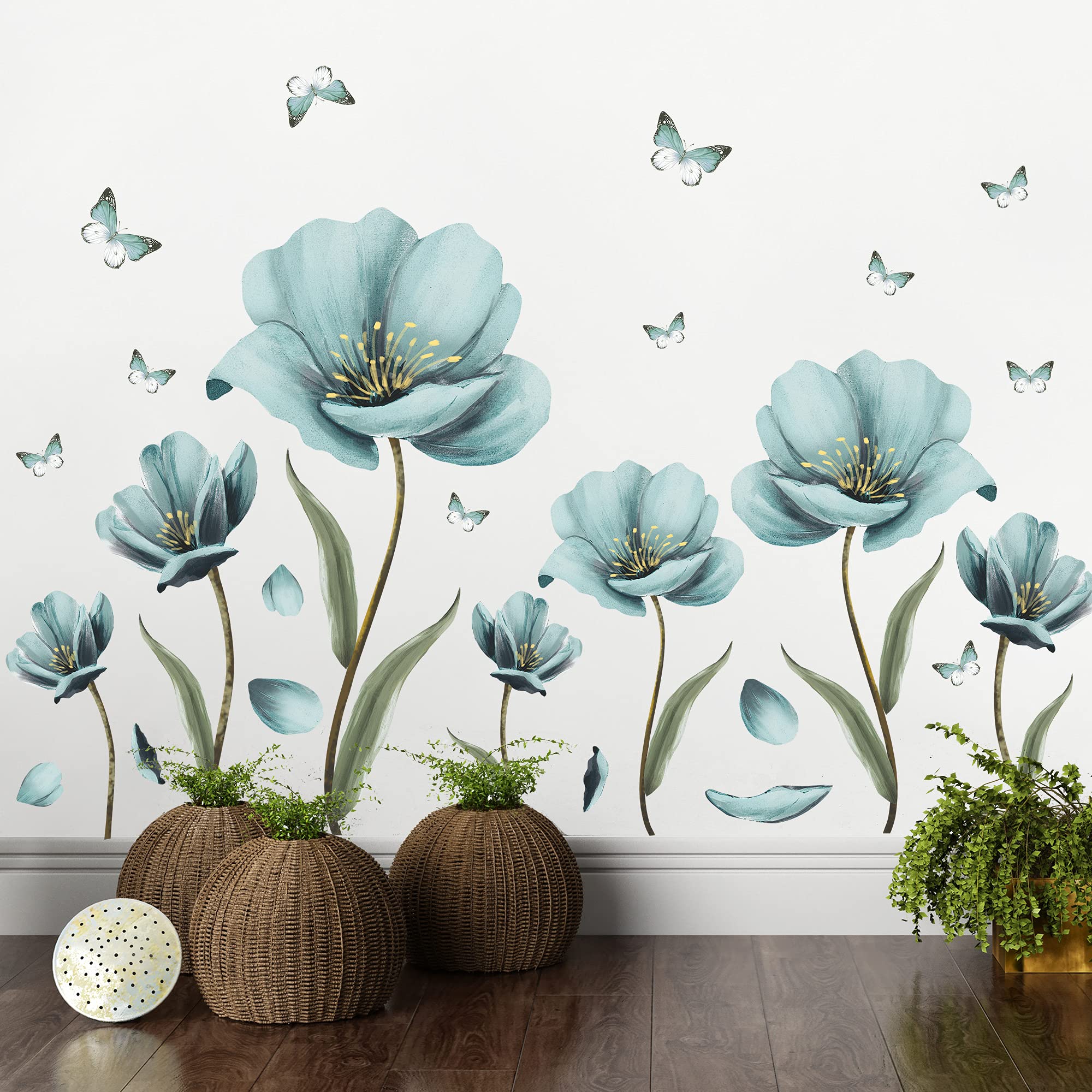 Creative Removable 3D Nursery Flower Wall Decals - DIY Romantic Floral Butterfly Leaf Wall Stickers - Kids Room Decor for Girls Bedroom, Living Room & Home - Light Green Wall Art Murals - Perfect for Nursery Decor, Baby Shower Gifts & Home Interior Design