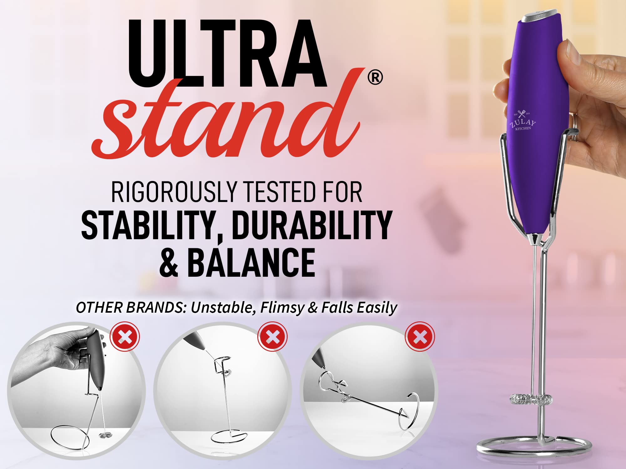 PRO Milk Frother Wand - High Speed Handheld Frother with Upgraded Stand - Powerful Electric Foam Maker for Coffee, Matcha, Hot Chocolate - Stainless Steel Whisk for Lattes, Cappuccinos, Baby Formula (Purple) - Perfect for Home, Office & Cafe Use
