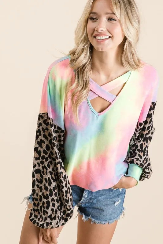 BiBi Tie Dye Terry Crop Top with Leopard Print Puff Sleeves | Trendy Women's Fashion for Summer, Music Festivals & Beach Outfits