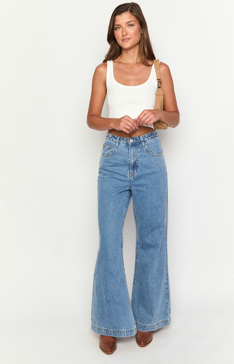Dandy Mid Wash Denim Flare Jeans for Women - High Waisted Vintage 70s Style Stretch Jeans - Perfect for Casual Outfits, Date Nights & Music Festivals
