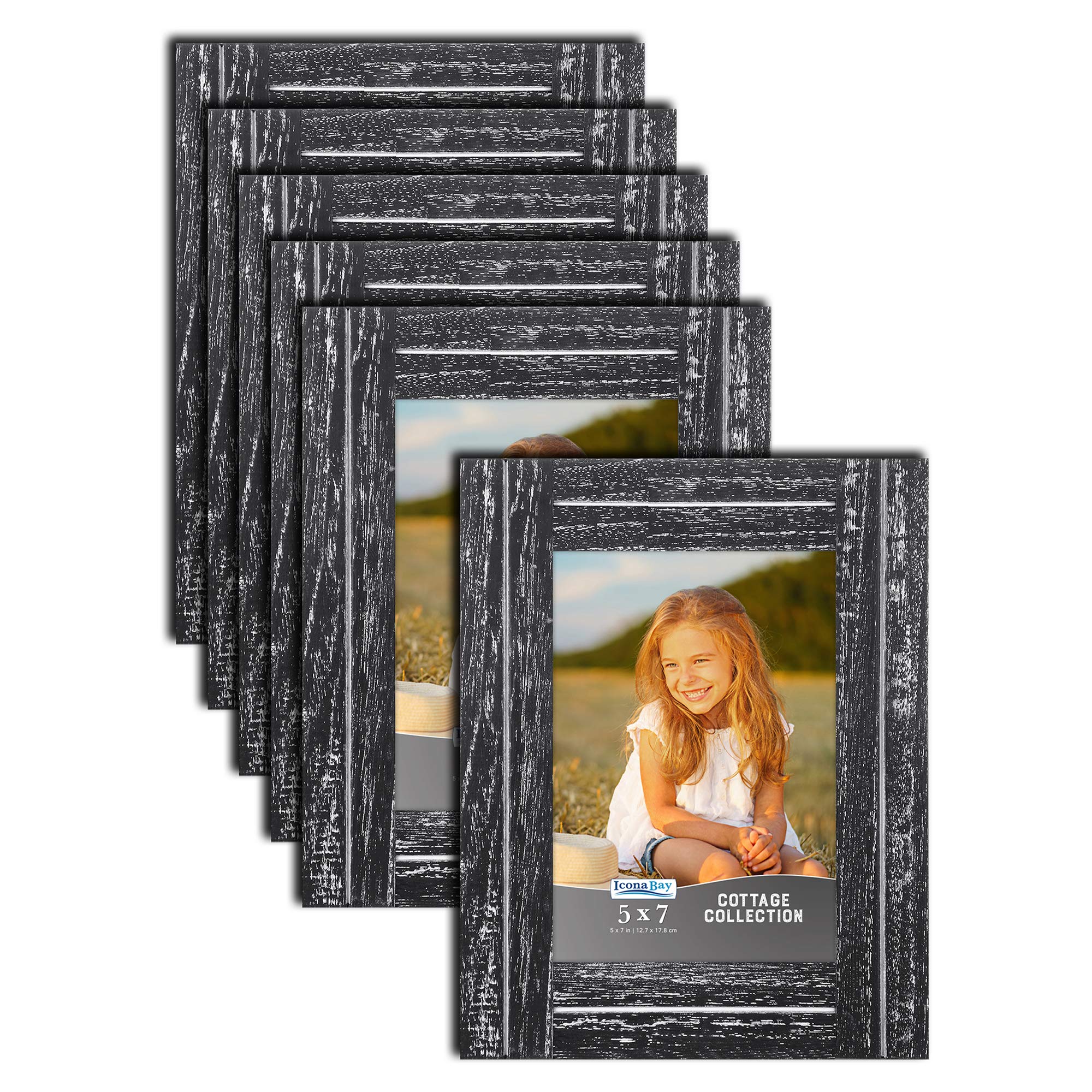 Icona Bay 5x7 (13x18 cm) Picture Frames Set of 6 - Rustic Basalt Black Wood Photo Frames for Wall & Tabletop Display - Perfect for Home Decor, Office, Wedding, and Family Photos