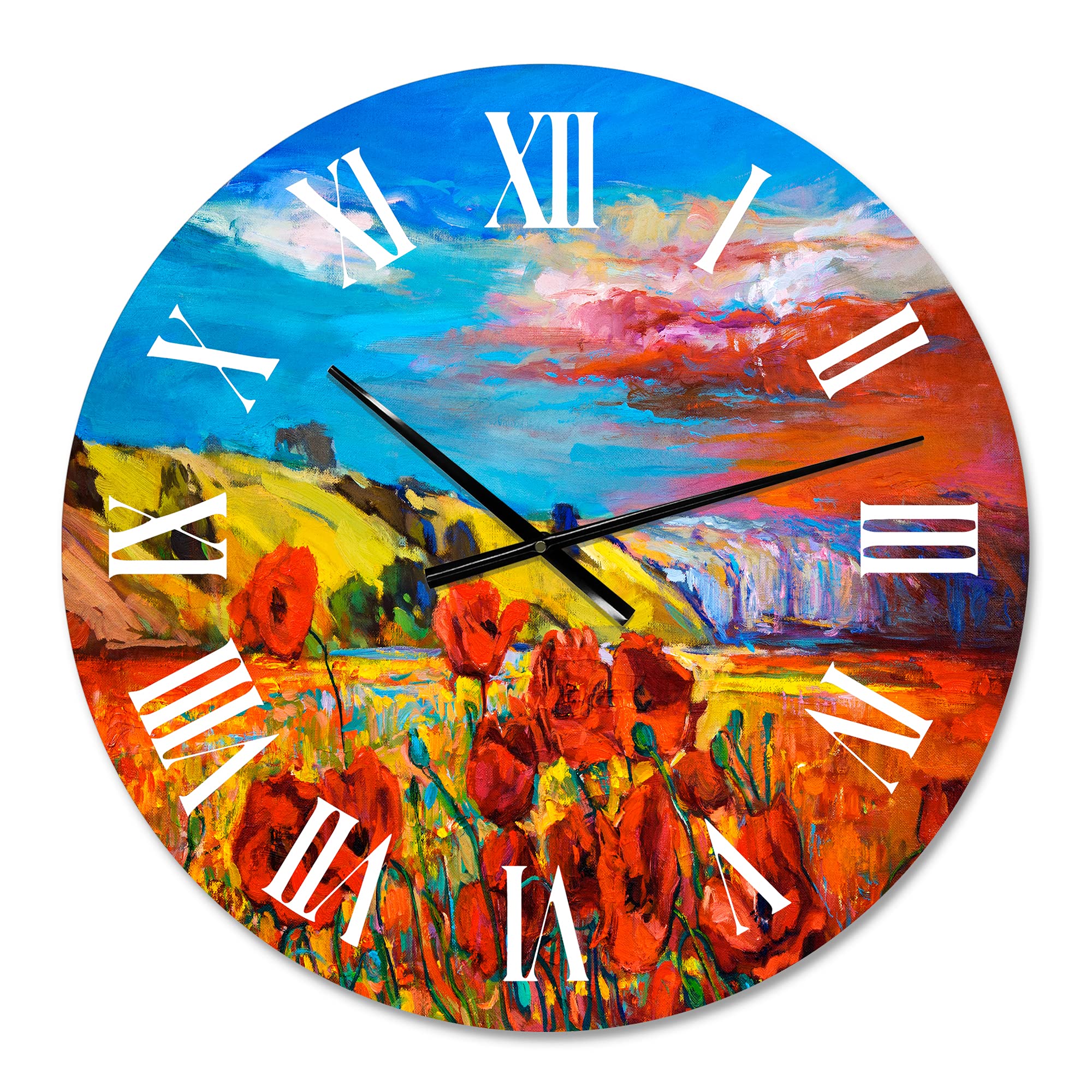 DesignQ Traditional Wall Clock 'Blossoming Red Poppy Fields Under Blue Sky' - Large Floral Botanical Wall Clock for Bedroom, Living Room, Office Decor | Perfect Home & Office Decoration Gift