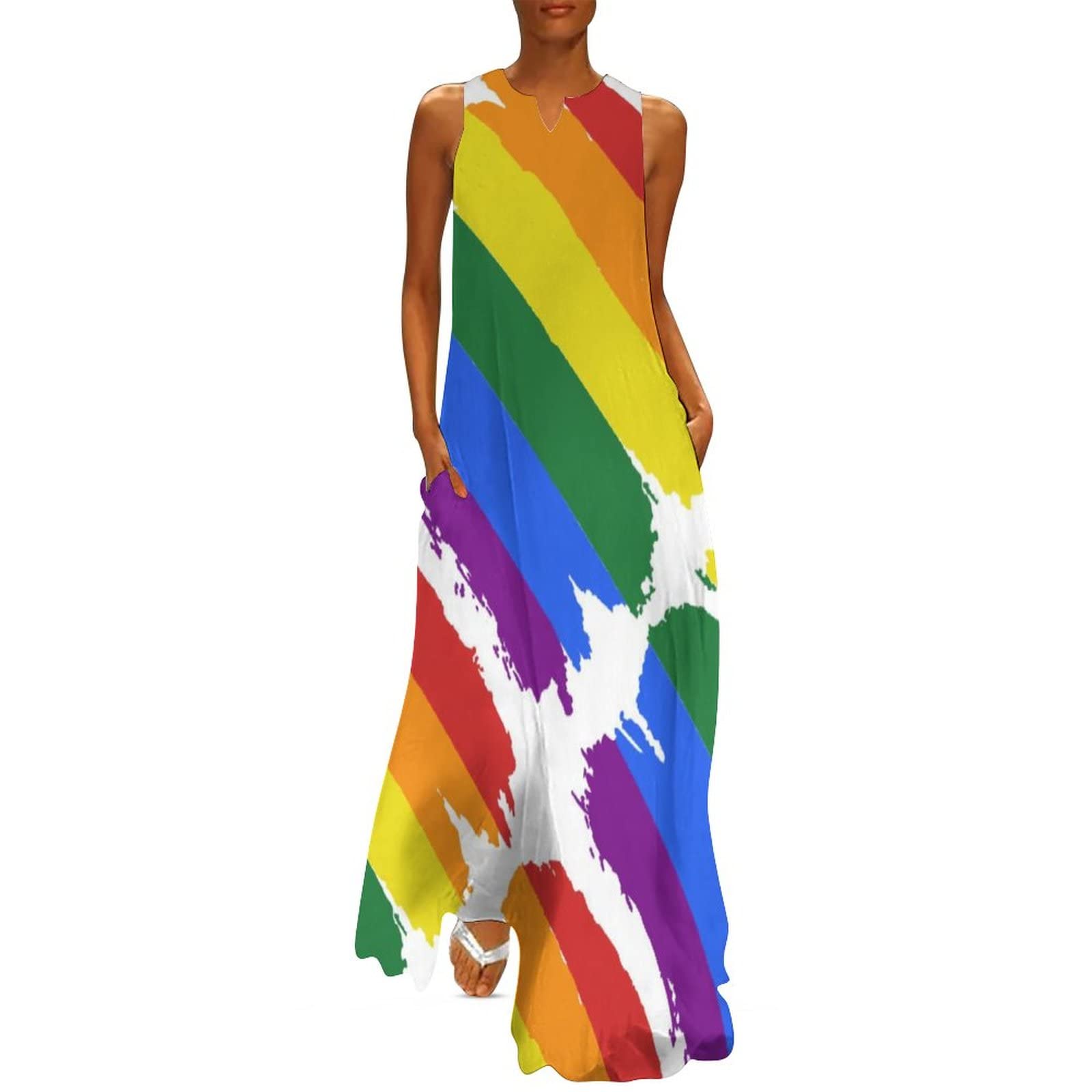 LGBT Pride Rainbow Flag Summer Dresses for Women - Sleeveless Casual Maxi Dress for Wedding Guest & Beach Party | Plus Size Flowy Bohemian Sundress