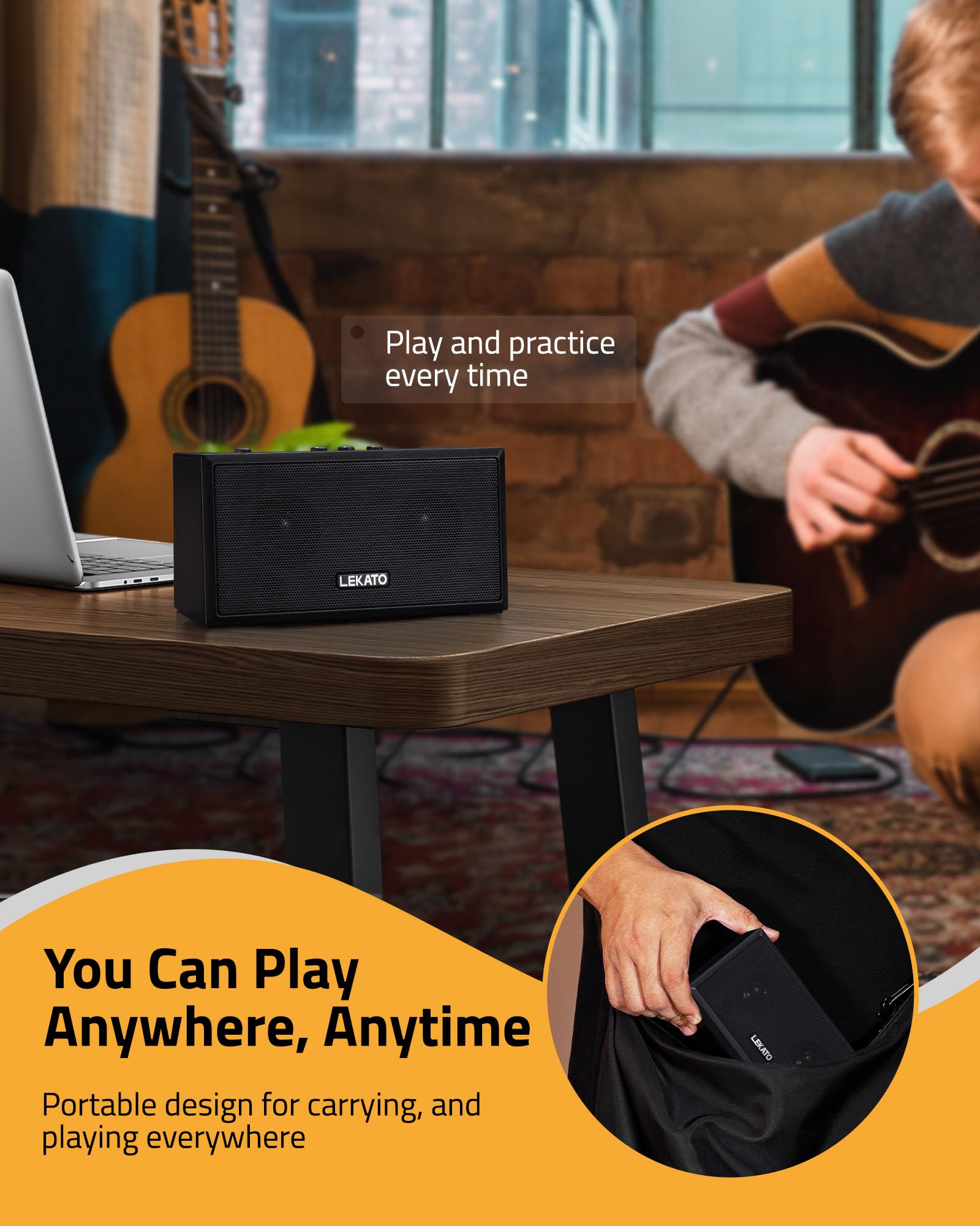 LEKATO 5W Mini Electric Guitar Amplifier with Clean & Overdrive Effects - Portable Bluetooth Bass Amp for Daily Practice, Home & Studio Use - Black