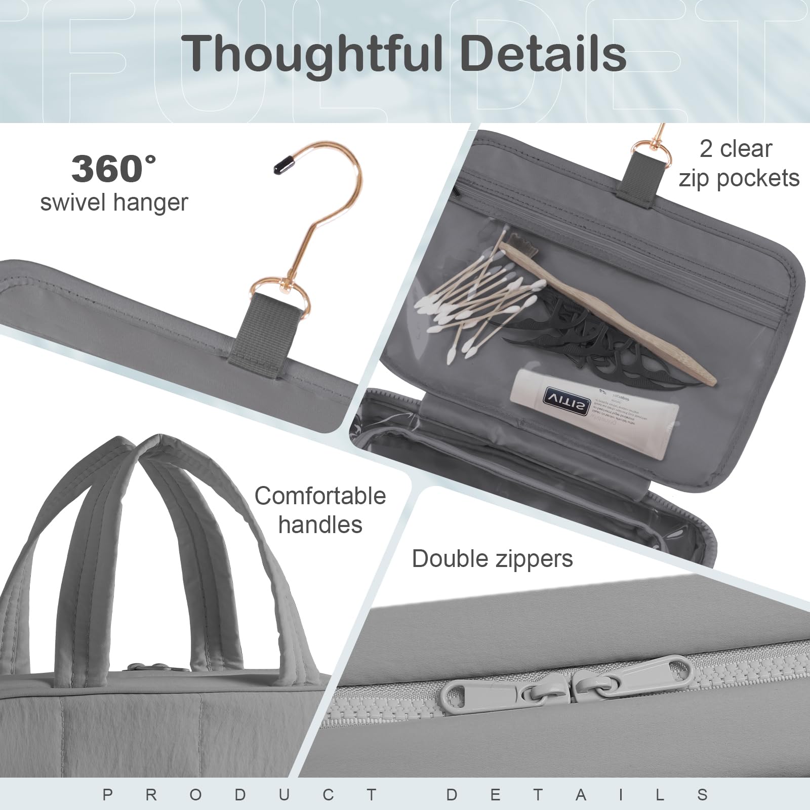 WOOMADA Hanging Travel Toiletry Bag with Jewelry Organizer - Large Waterproof Cosmetic Makeup Bag for Women | Perfect for Vacation, Business Trips & Gym Essentials (Grey)