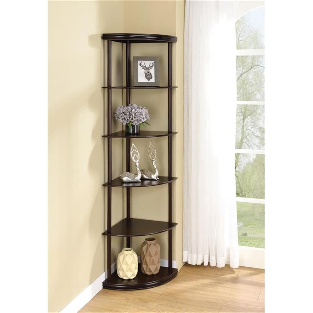 BOWERY HILL 5-Shelf Wooden Corner Bookcase - Mahogany Finish, Space-Saving Storage for Living Room, Bedroom, Office & Study