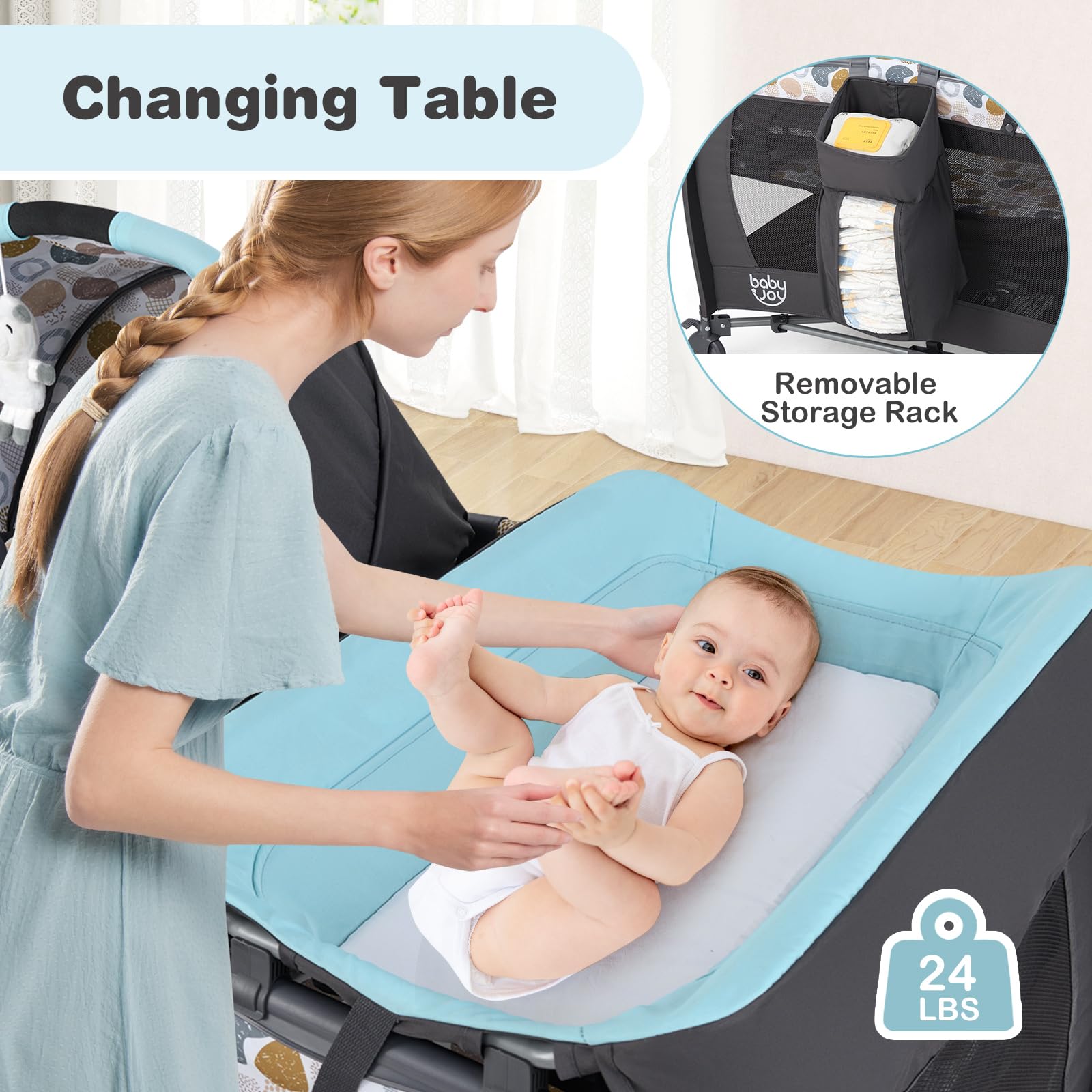 BABY JOY 5-in-1 Portable Playard with Bassinet, Changing Table & Toy Bar - Baby Nursery Center with Music, Storage Bag & Detachable Toys (Blue Dot Circle) - Perfect for Travel, Daycare & Home Use