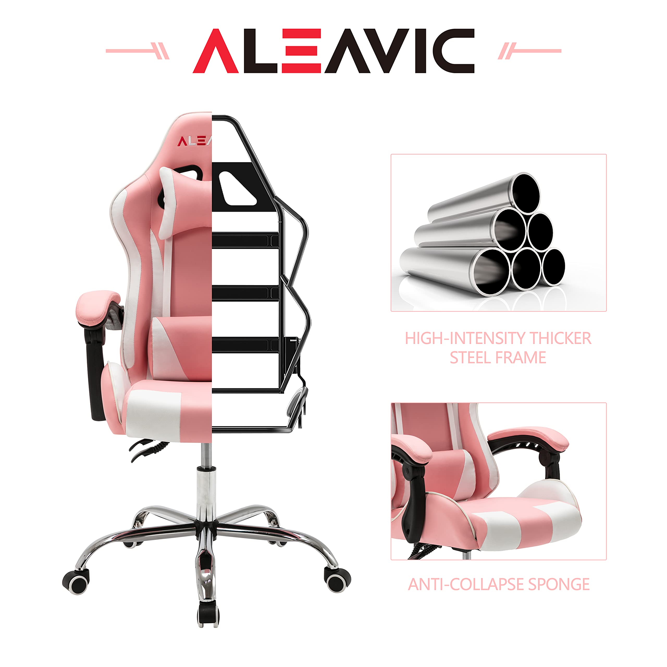 ALEAVIC Ergonomic Gaming Chair for Adults - High Back Computer Chair with Adjustable Headrest & Lumbar Support - Pink & White - Perfect for PC Gaming, Office Work & Home Desk Setup