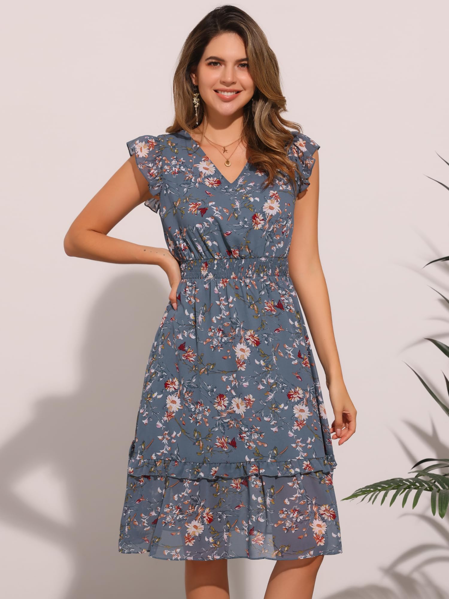 Allegra K Women's Floral Print Flutter Sleeve V-Neck Smocked Ruffle Midi Dress for Summer, Wedding & Party Occasions