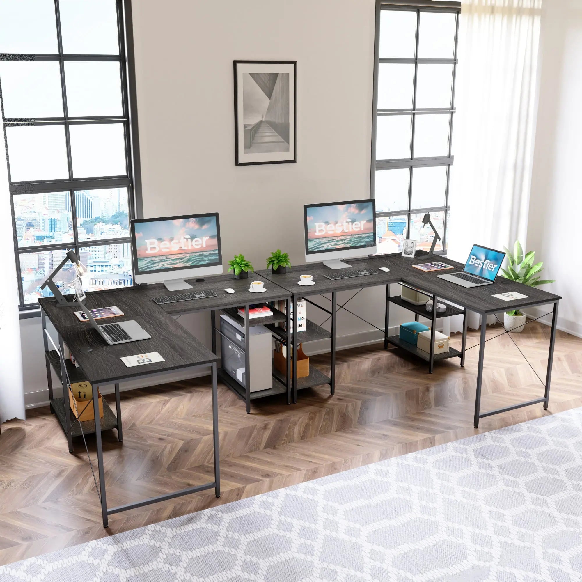 Bestier 86 Inch L-Shaped Computer Desk for Two - Home Office Gaming & Workstation with Large Workspace - Perfect for Couples, Roommates & Small Spaces