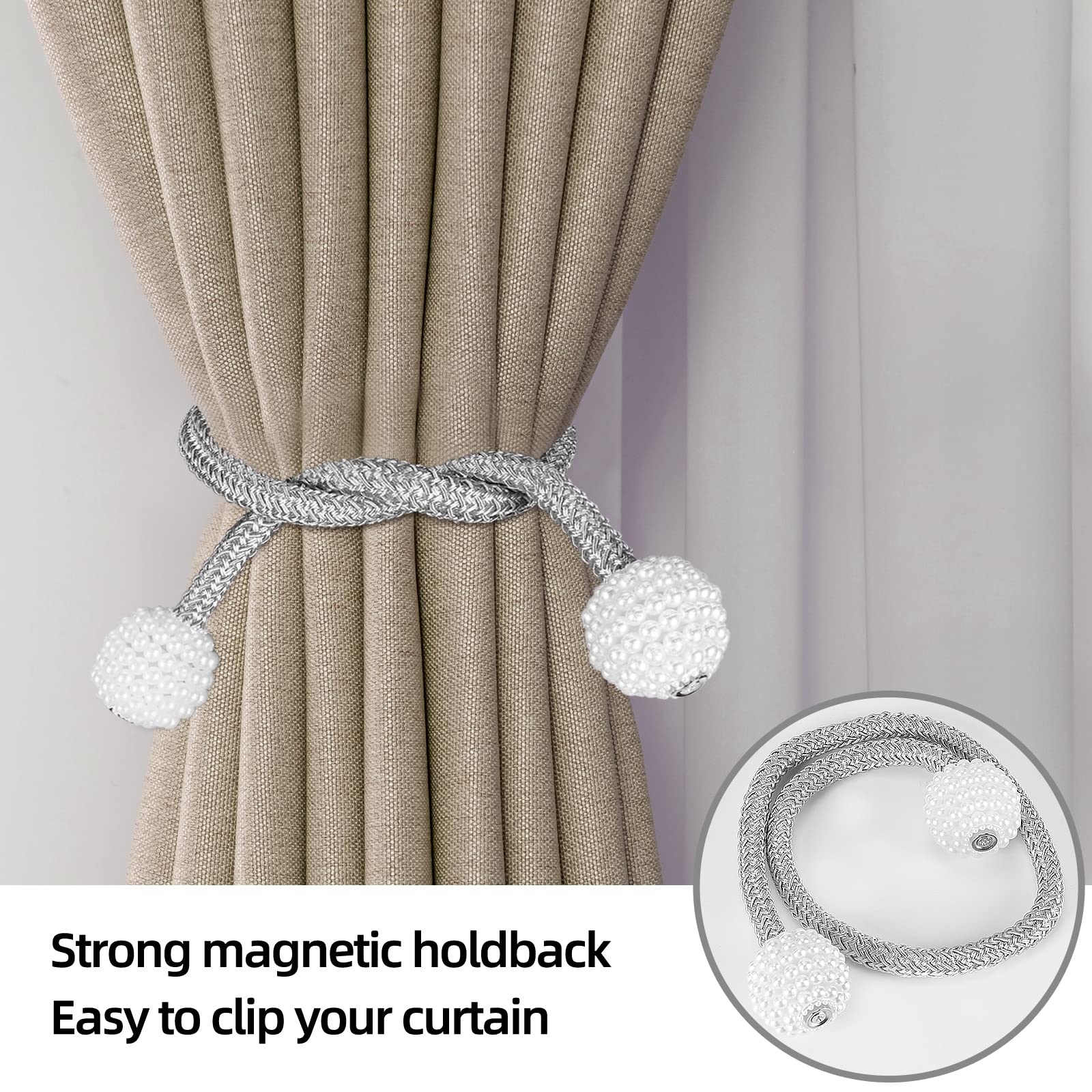 8 Pack Magnetic Curtain Tie Backs with Pearls - Elegant Modern Curtain Holdbacks for Drapes, Sheer & Blackout Curtains - Perfect for Home, Office, Kindergarten Decor (Indoor/Outdoor Use)