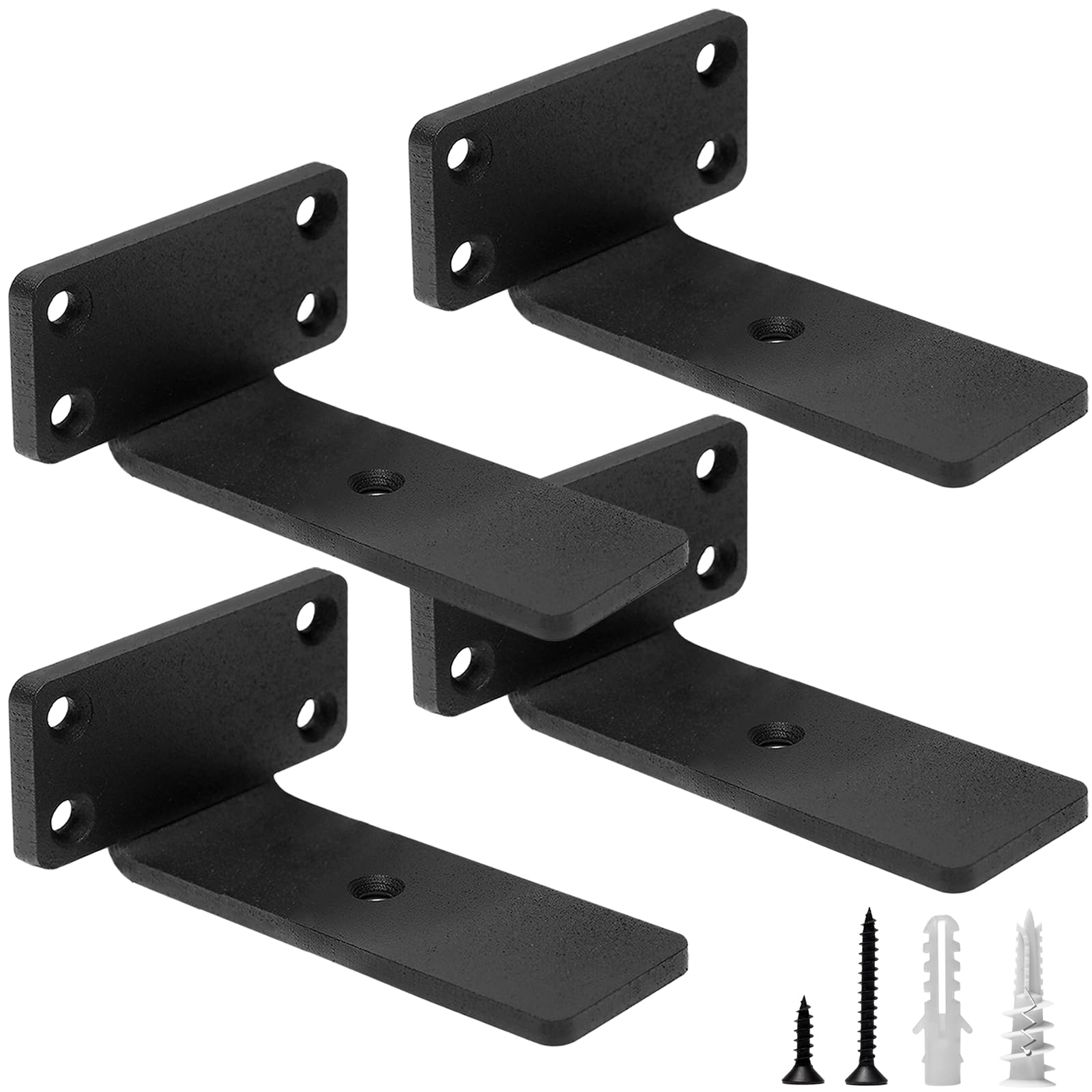 Heavy Duty Floating Shelf Brackets 4-Inch (1/5'' Thick) - Hidden Shelves Hardware, Cast Iron L Brackets for Rustic Industrial Wall Shelving - 4 Pack - Perfect for Living Room, Kitchen & Bathroom Storage