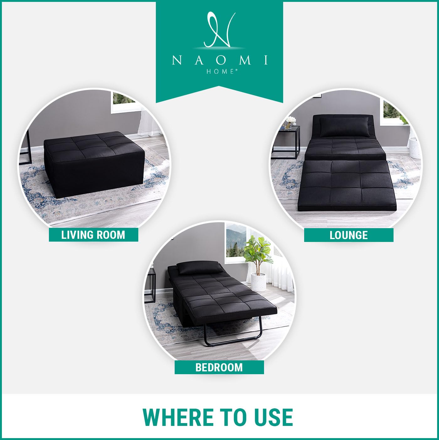 4-in-1 Convertible Sleeper Chair Bed with Adjustable Backrest - Breathable Linen Ottoman Sofa Bed for Living Room, Guest Room & Small Spaces - Modern Multi-Functional Furniture (Black)