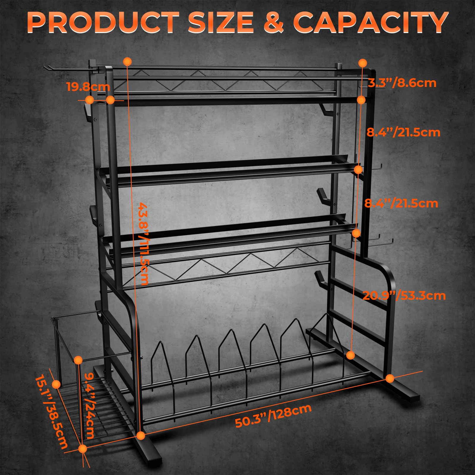 Bonvork XL Adjustable Dumbbell Rack - Heavy Duty Weight Stand with 3 Olympic Bar Holders & Bumper Plate Storage | Home Gym Equipment for Dumbbells, Kettlebells & Yoga Mats | Perfect for Garage Gym, CrossFit & Home Workouts