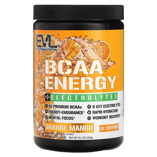 EVLution Nutrition BCAA Energy + Electrolytes Powder - Orange Mango Flavor 333g for Workout Recovery & Hydration | Pre & Post Workout Supplement for Athletes & Fitness Enthusiasts