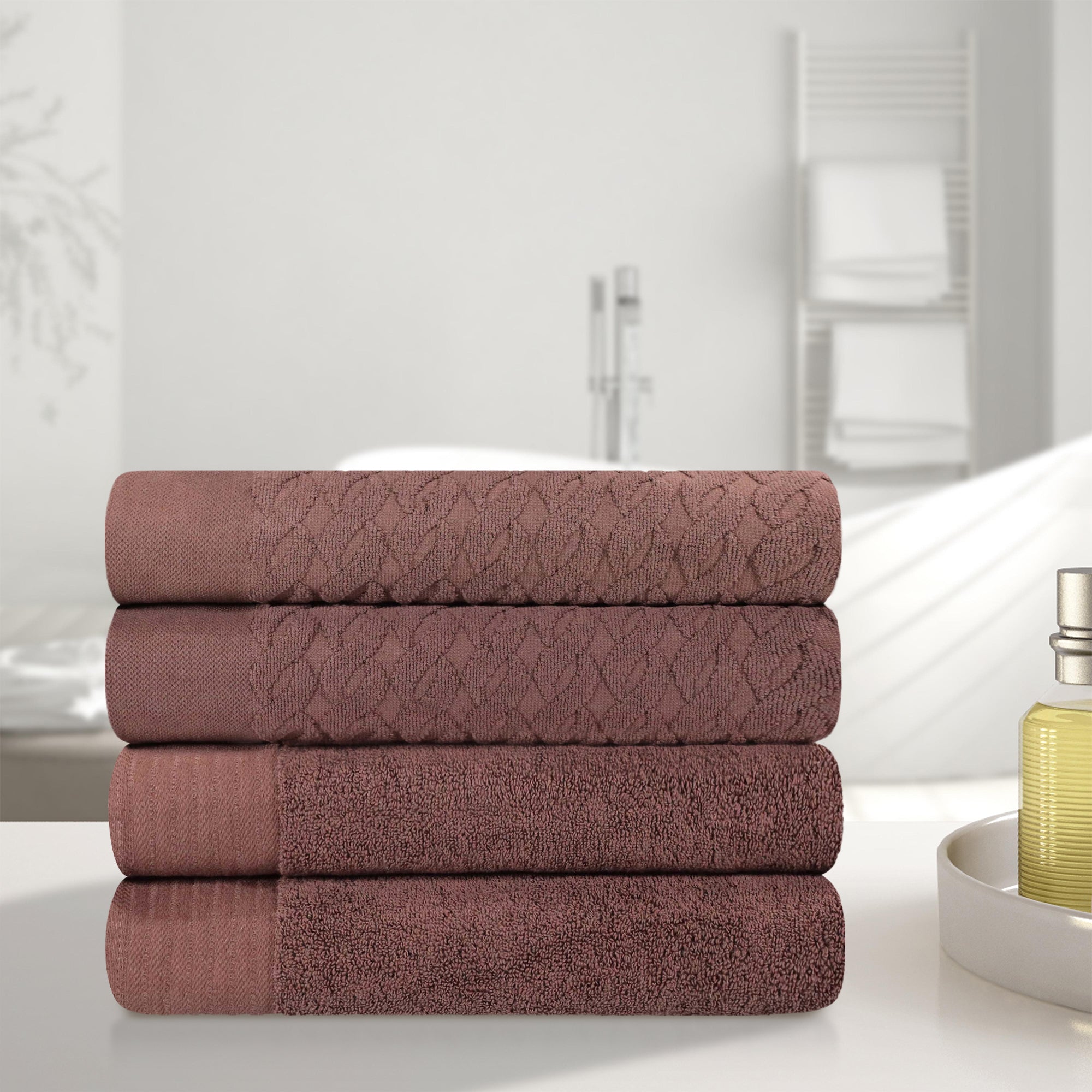 Premium Turkish Cotton Jacquard Herringbone & Solid 4-Piece Bath Towel Set - Ultra Soft & Absorbent Luxury Towels for Spa, Bathroom & Beach Use