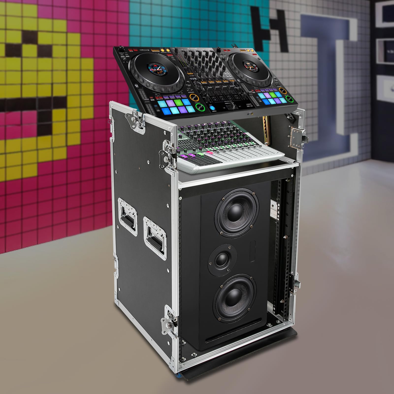 14U Heavy-Duty PA DJ Rack Cabinet - Professional Tour-Grade ATA Case with 4 Wheels, Large Mixer Countertop & Easy Assembly - Perfect for Live Performances, Studio Setup & Mobile DJ Gigs