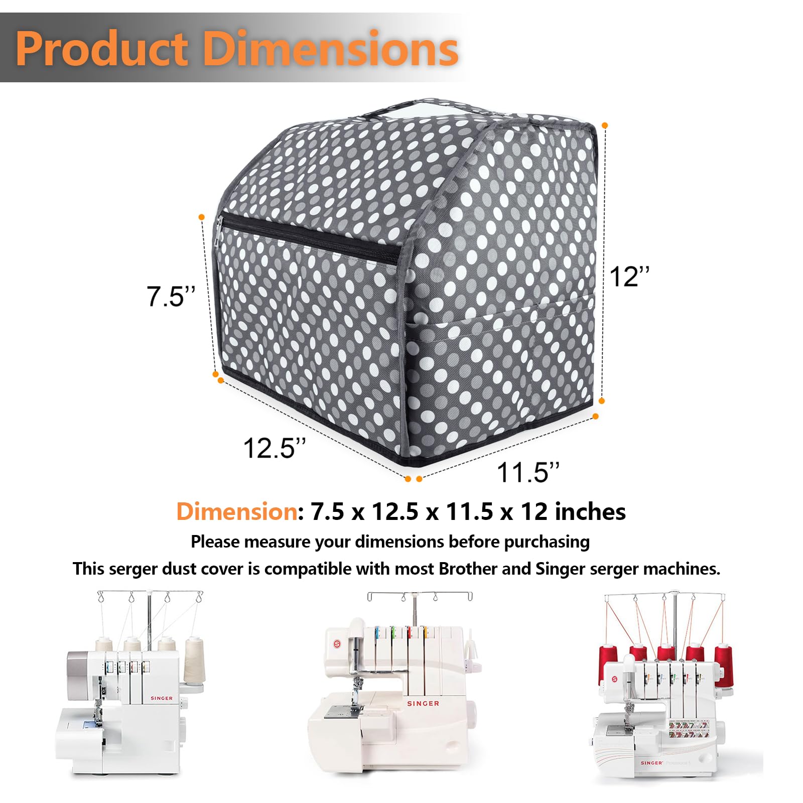 **Sewing Machine Cover with Storage Pockets - Dustproof Protector for Singer, Brother & Overlock Machines - Gray Dots Design - Perfect for Home, Studio & Craft Room Organization**