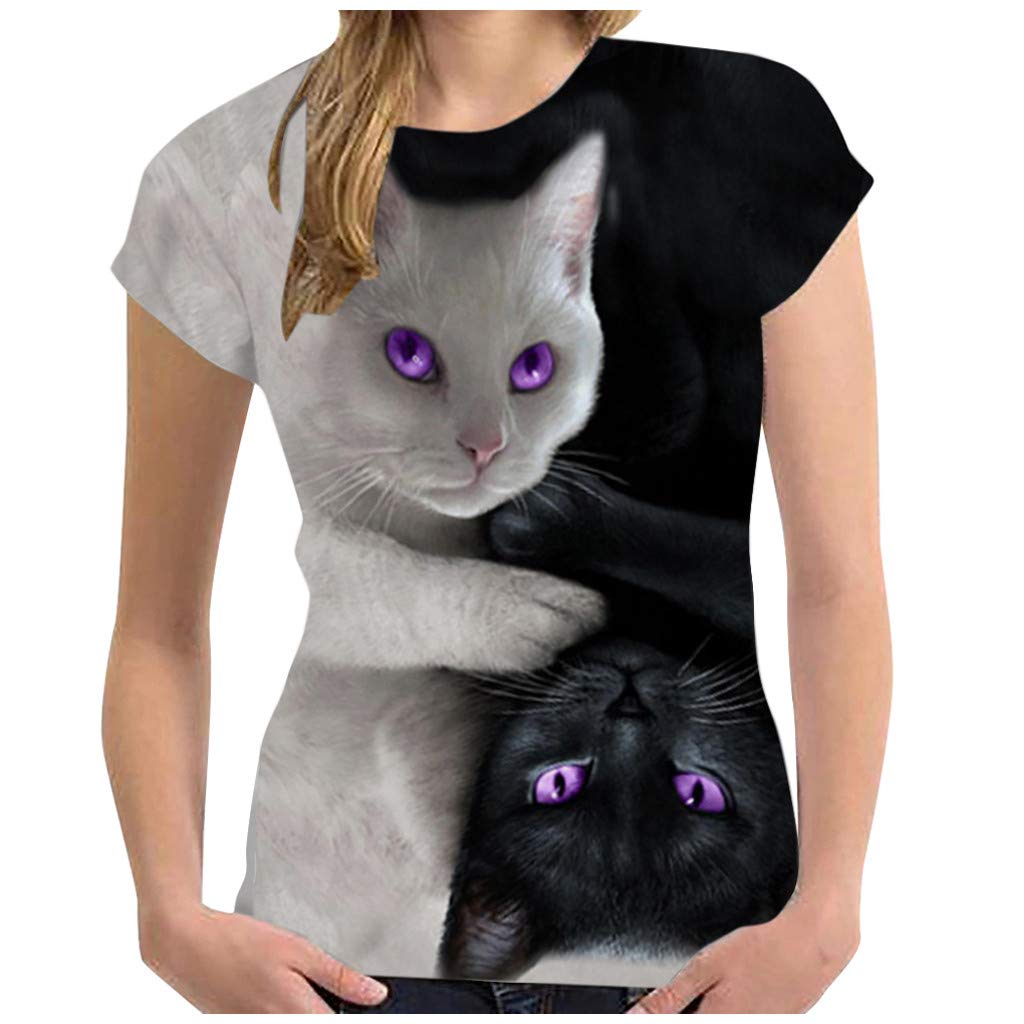 Stylish Women's Summer Cat Print Color Block Short Sleeve T-Shirt - Casual Loose Fit Round Neck Tee for Outings, Beach Days & Everyday Wear