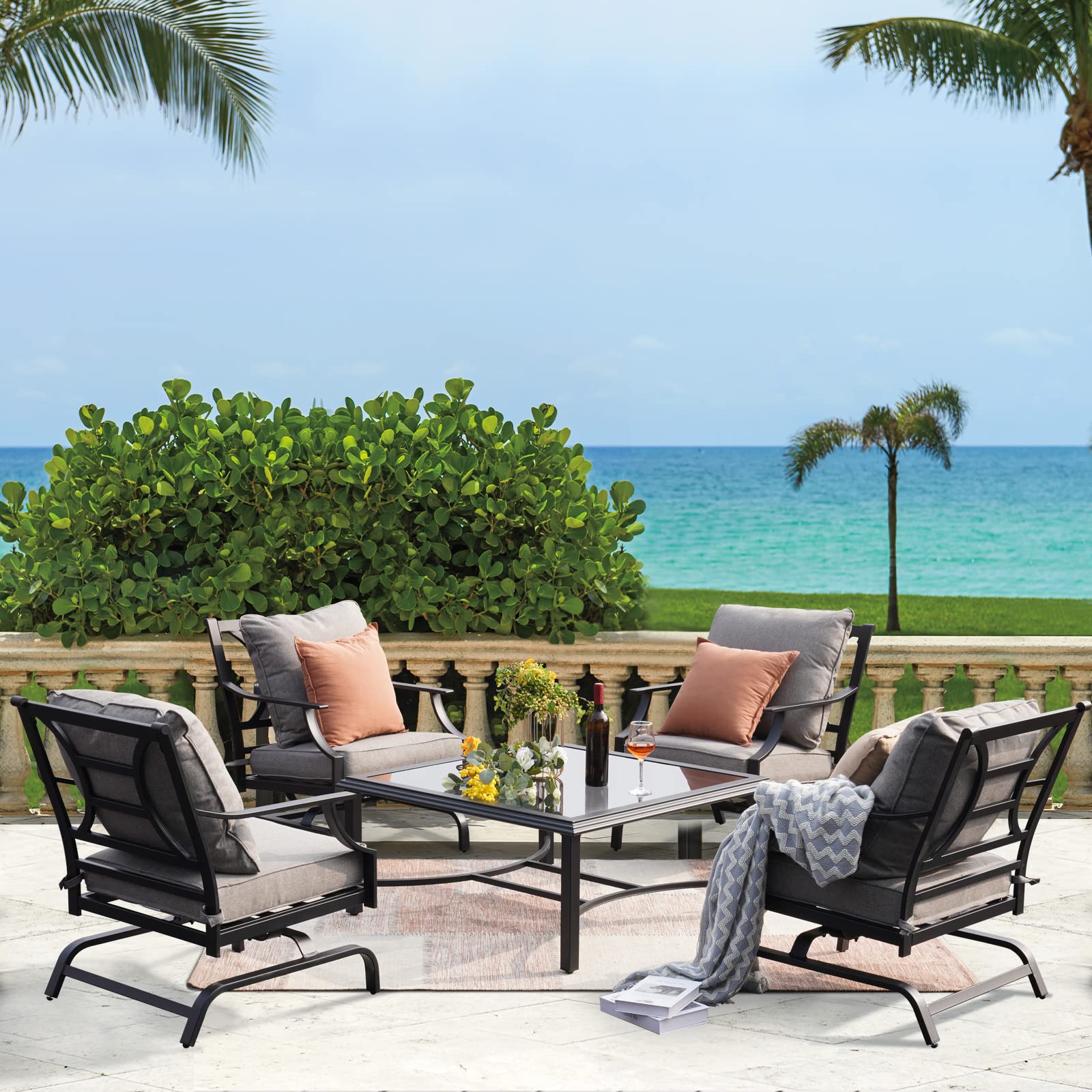 5-Piece Outdoor Patio Furniture Set with Motion Rocking Chairs & Coffee Table - Olefin Gray Cushions - Perfect for Porch, Backyard, Garden or Poolside Relaxation