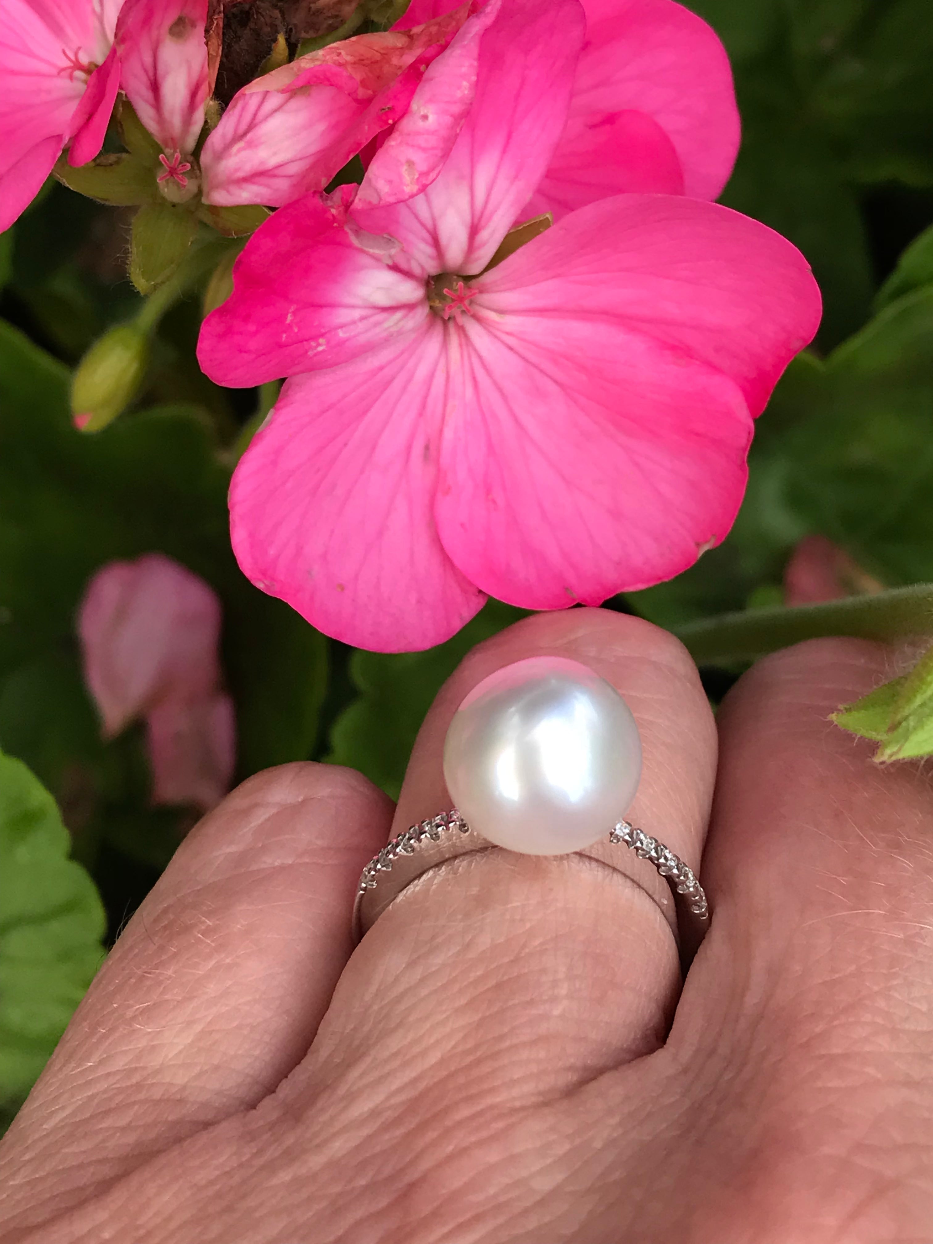18K White Gold South Sea Pearl Ring with Diamond Shoulders - Size L | Elegant Bridal, Anniversary & Special Occasion Jewelry Gift