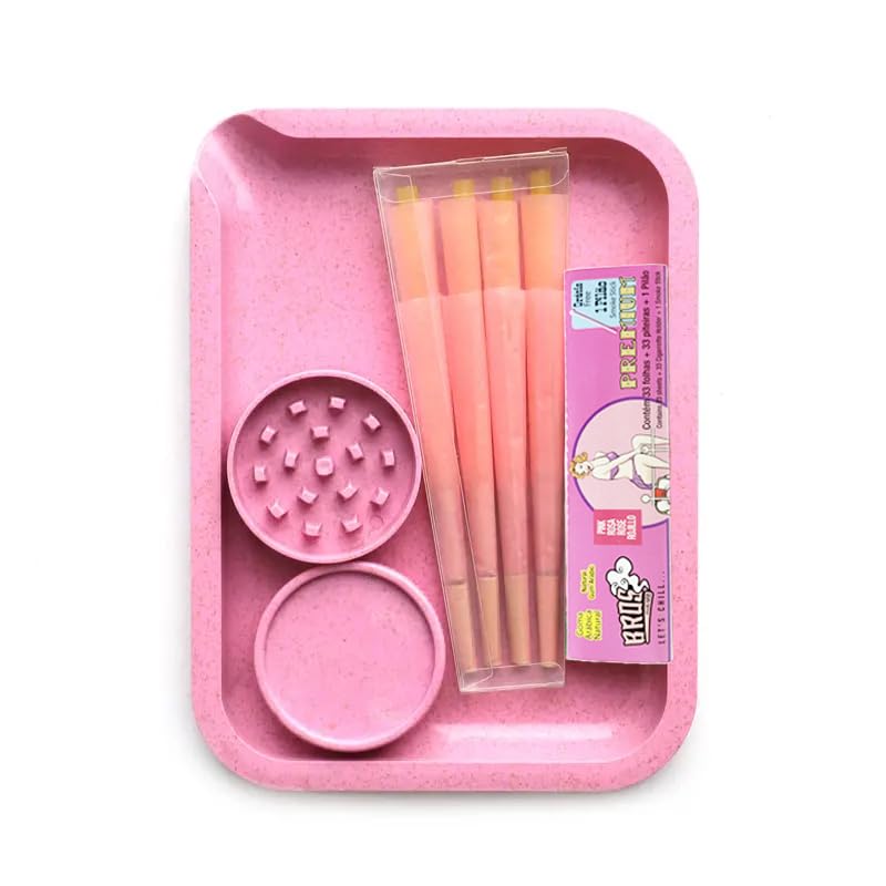 Biodegradable Rolling Tray with Lid & King Size Grinder - Premium Smoking Kit with Rolling Papers | Perfect Gift for Smokers (Pink) - Ideal for Home Use, Travel & Outdoor Activities