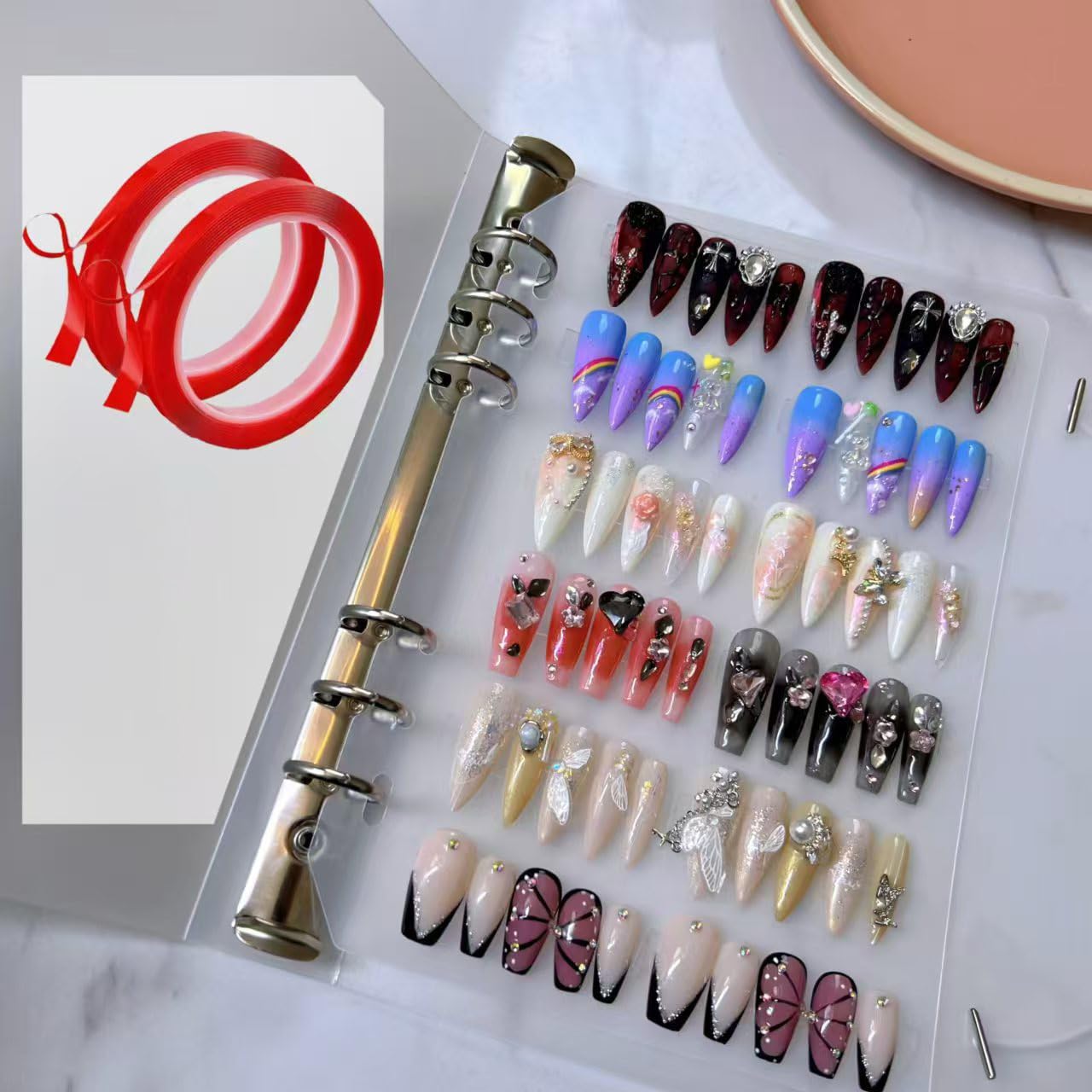 A5 Press on Nail Storage Binder Book - 6 Pages with 60 Double-Sided Tape for False Nails Display & Organization | Perfect for Salon Professionals, Nail Artists & DIY Manicures at Home