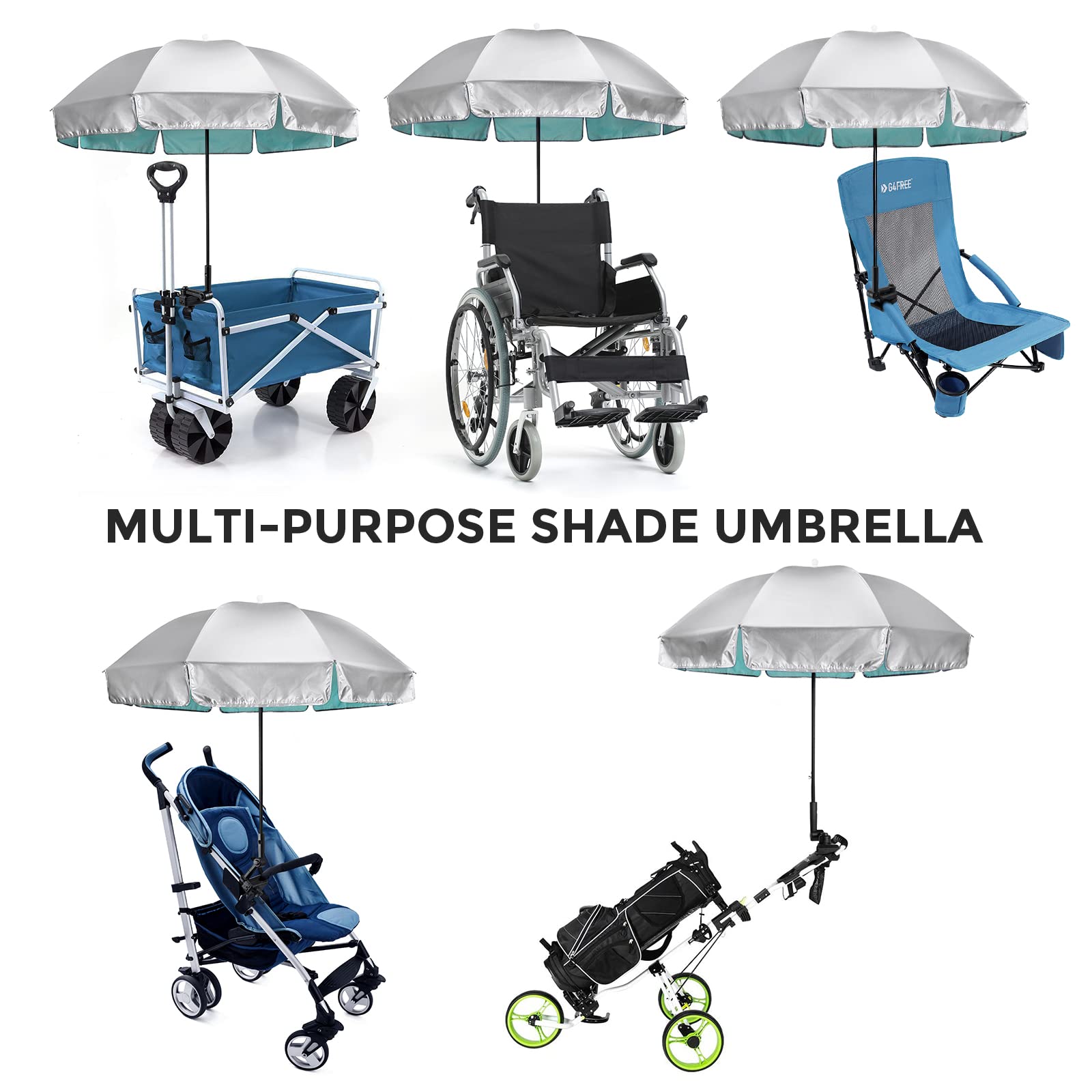 G4Free UPF 50+ Universal Clamp-On Adjustable Sun Shade Umbrella - UV Protection for Beach Chairs, Strollers, Wheelchairs, Patio Chairs & Golf Carts - Perfect for Outdoor, Travel & Leisure Activities