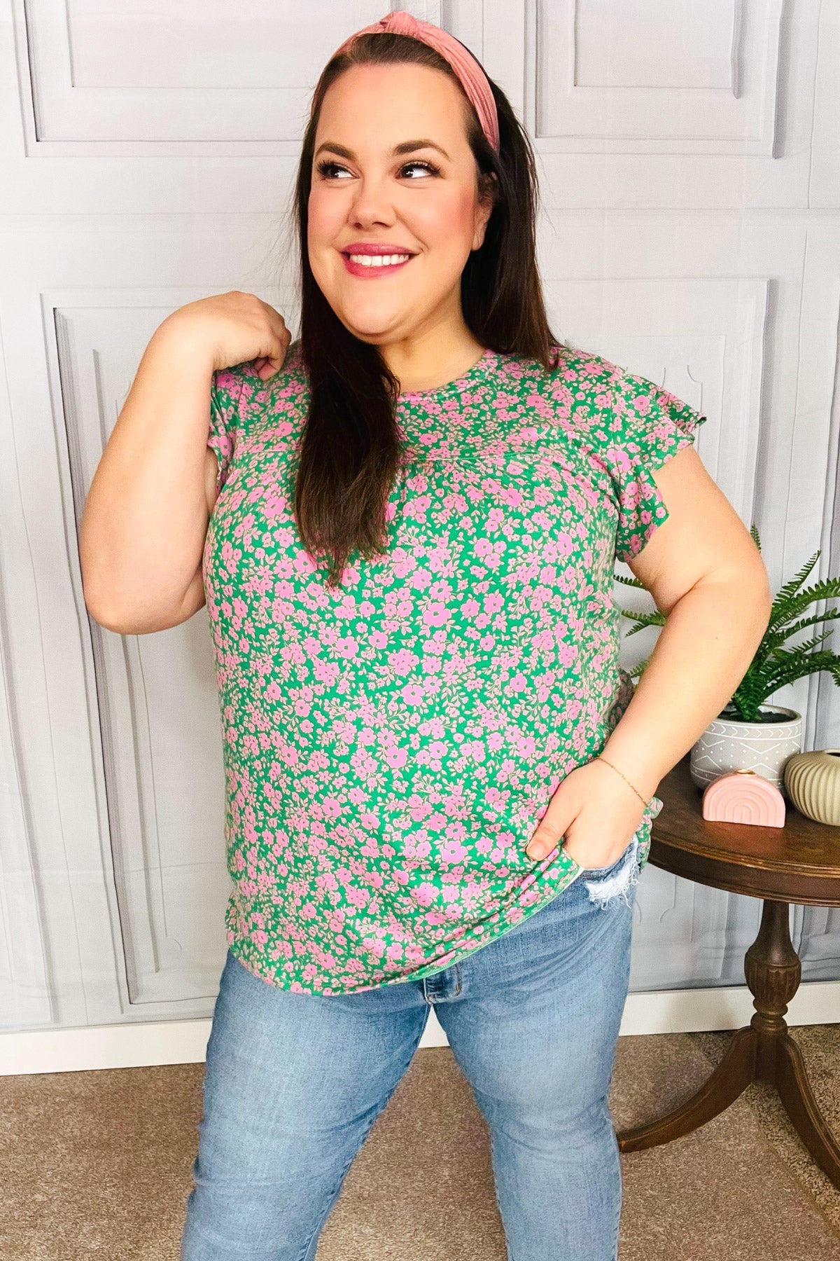 Dreamy Green & Pink Floral Ruffle Short Sleeve Blouse - Women's Boho Chic Yoke Top for Summer Outfits, Date Nights & Beach Vacations