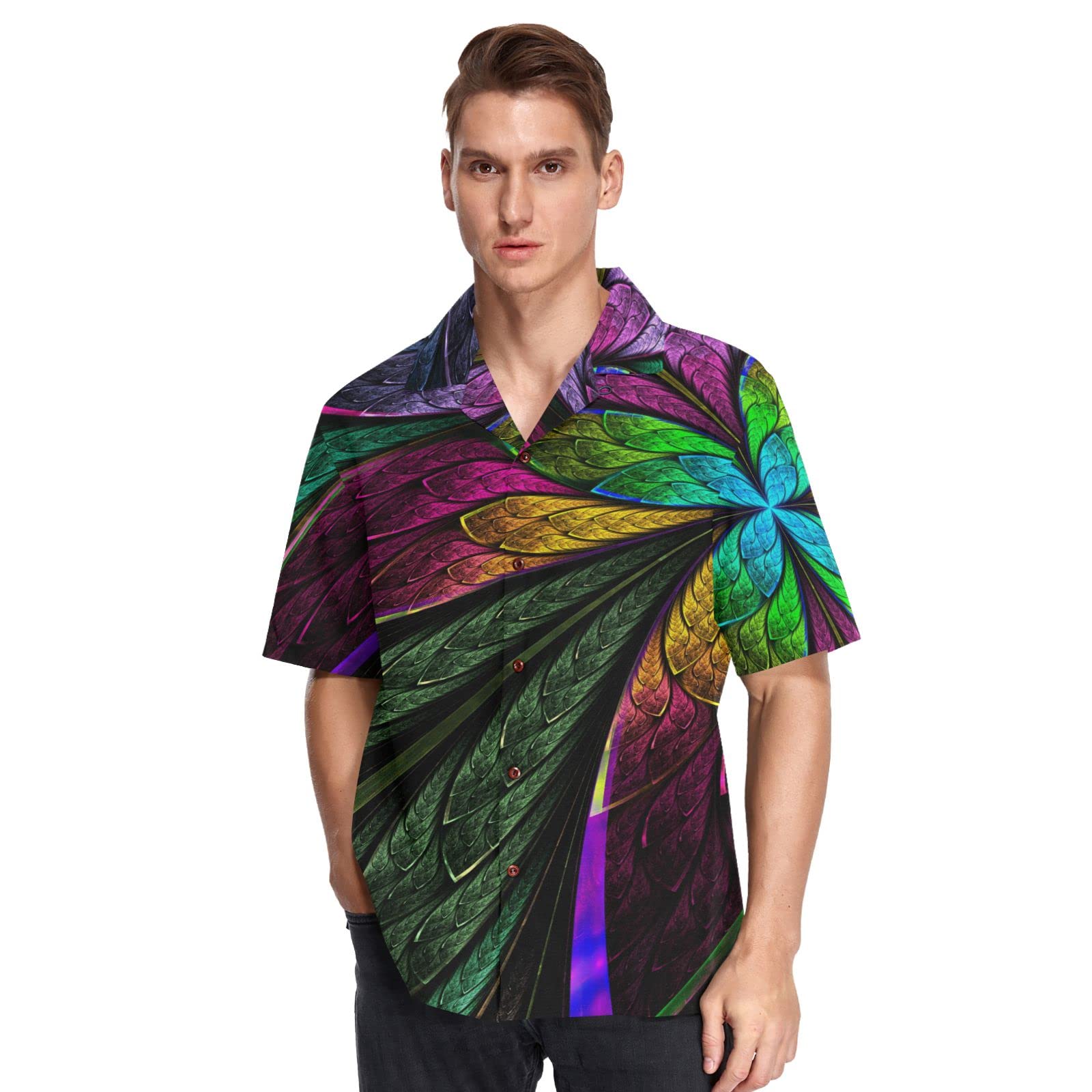 Floral Hawaiian Shirts for Men - Short Sleeve Casual Aloha Button Down Shirt with Fractal Flower Design | Perfect for Beach Vacations, Summer Parties & Tropical Getaways