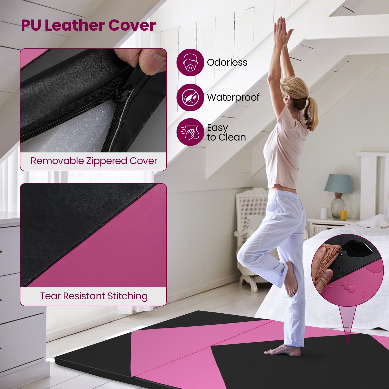 Goplus 10'x4'x2'' Folding Gymnastics Mat - Thick PU Leather Tumbling Mat with Hook & Loop Fasteners & Portable Handles - 4-Panel Exercise Mat for Home Gym, Yoga, Gymnastics, Martial Arts & Kids Play Area - Non-Slip Workout Mat for Fitness, Stretching & Floor Exercises
