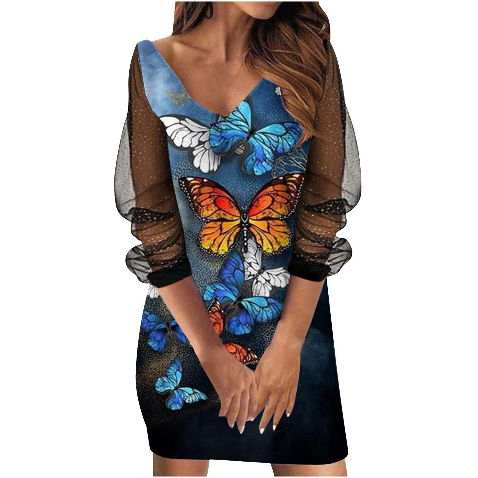 Women's Summer Work Dresses - V-Neck Long Sleeve Printed Tulle Dress with Lace Details | Office Wear, Casual Outfits & Party Dresses for Summer Fashion