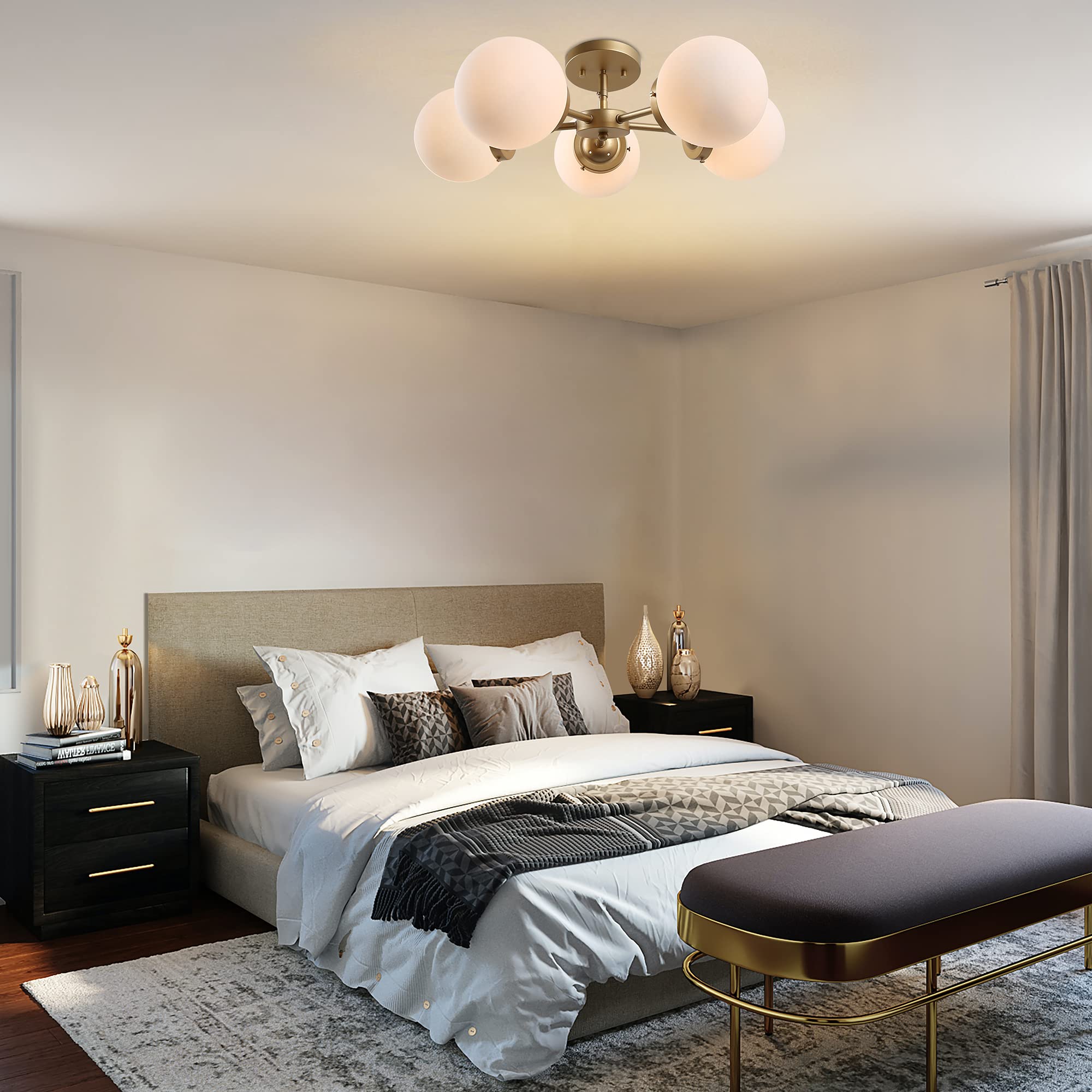 Modern Gold Chandelier Lighting Fixture - 5-Light Globe Design with Frosted Glass Shades for Dining Room, Bedroom, Foyer & Kitchen | Elegant Ceiling Light for Home Decor & Interior Design