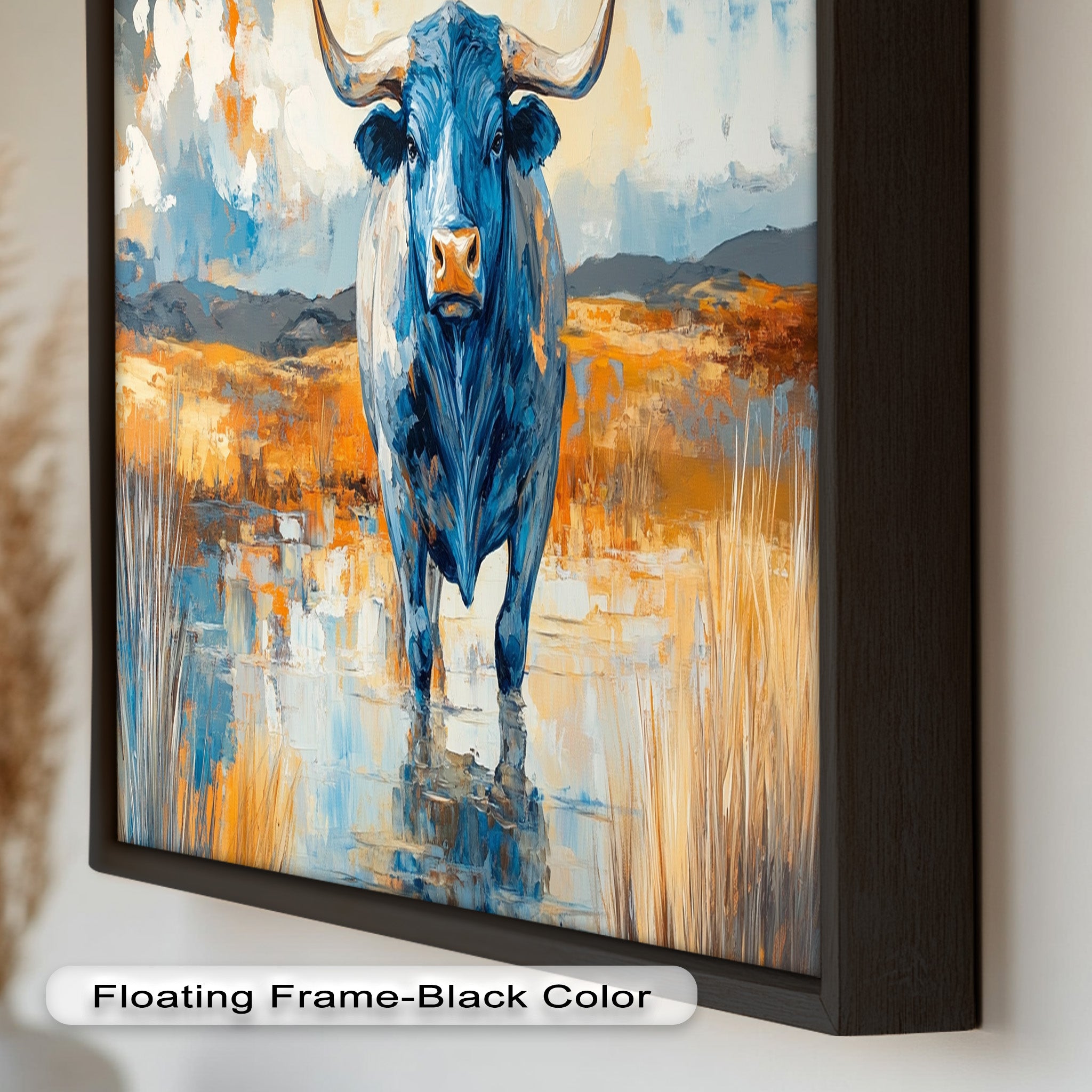 Blue Desert Bull - Hand Painted Animal Oil Canvas Artwork | Western Wildlife Decor for Living Room, Bedroom & Office