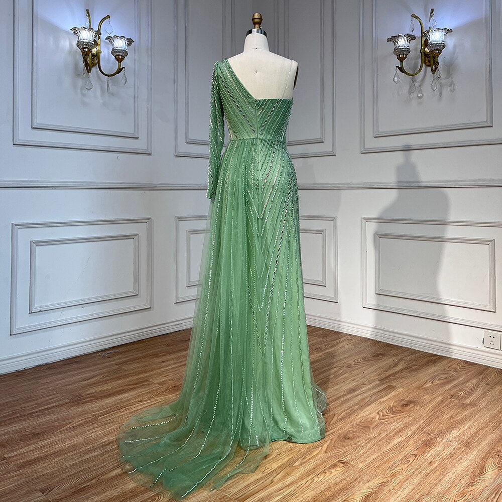 Elegant One Shoulder Split Mint Green Beaded Mermaid Evening Dress for Women - Wedding, Party & Special Occasions | LA71859 | Perfect for Prom, Gala & Formal Events