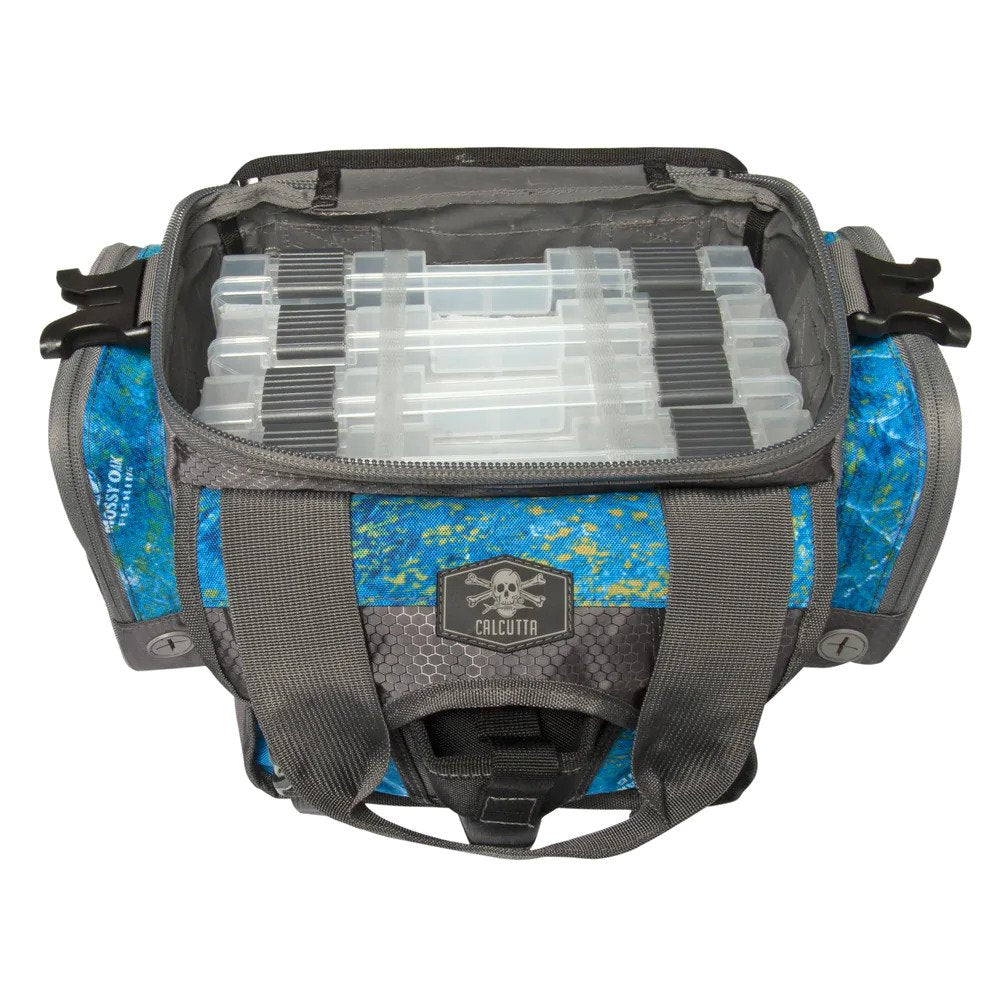 Calcutta Squall Tackle Bag with 4 Removable Trays - Mossy Oak Shoreline Camo Fishing Gear Organizer - Perfect for Bass Fishing, Kayak Trips & Shoreline Angling