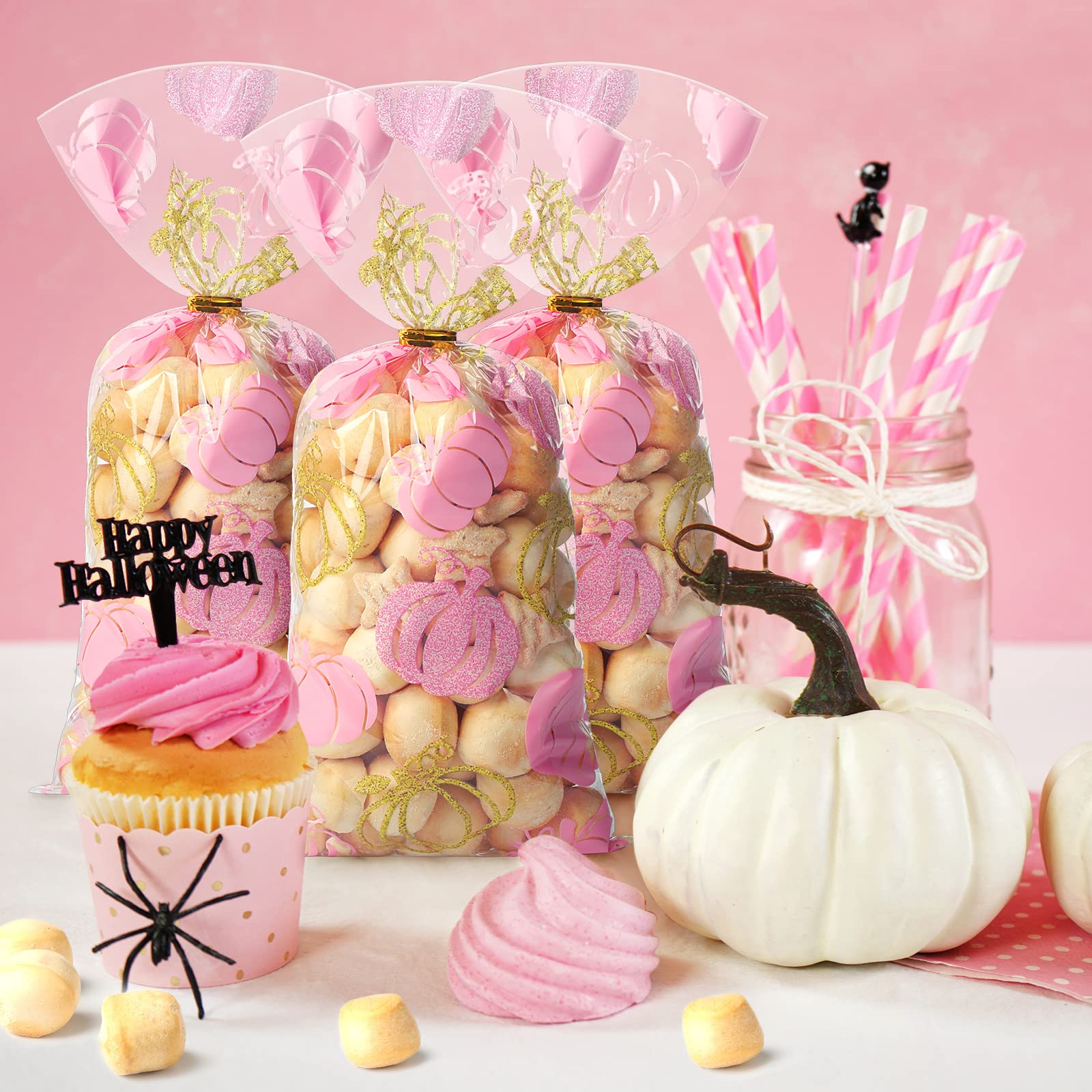 100 Pcs Halloween Pumpkin Treat Bags - Autumn Party Favor Bags with Gold Twist Ties, Fall Thanksgiving Cellophane Candy Bags for Classroom, Wedding, Baby Shower & Holiday Decorations