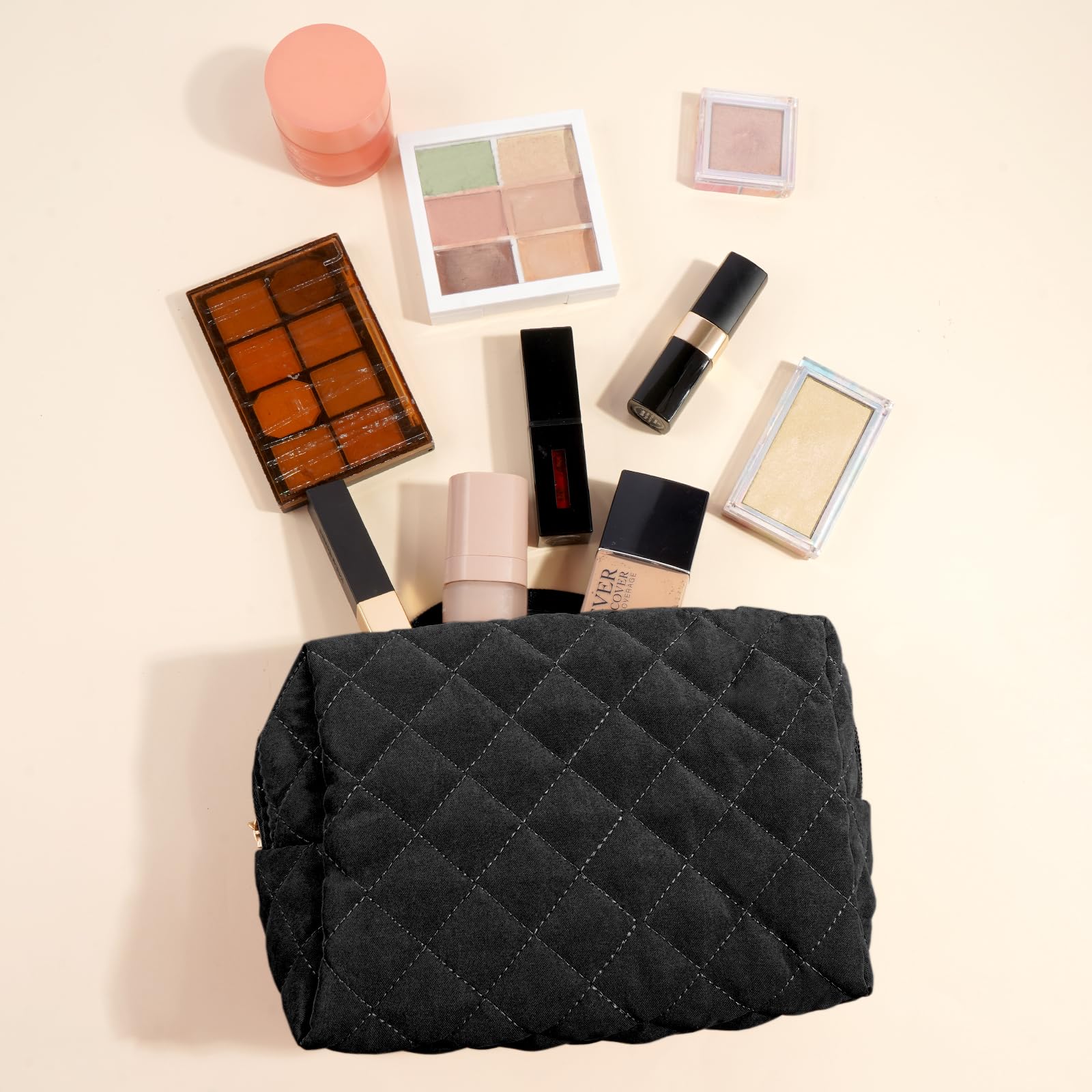 Stylish Small Cotton Quilted Makeup Bag for Women - Portable Cosmetic Pouch Purse (Black) | Perfect for Travel, Gym & Everyday Essentials