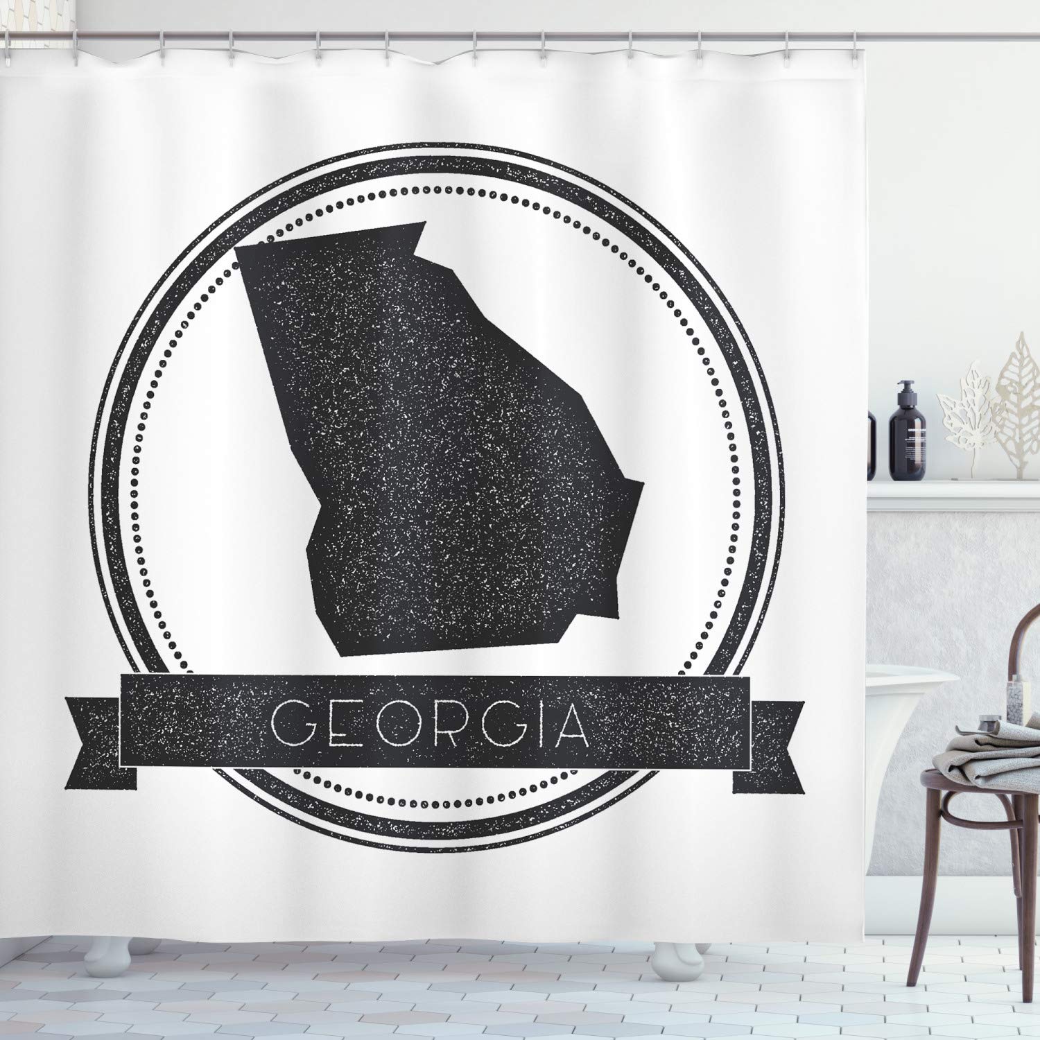 Ambesonne Georgia Shower Curtain - Monochrome Map & Typography Design with Dotted Frame, 69x70 Inch Waterproof Fabric Bathroom Decor Set with Hooks in Dark Taupe & White - Perfect for Modern Bathrooms & Guest Suites