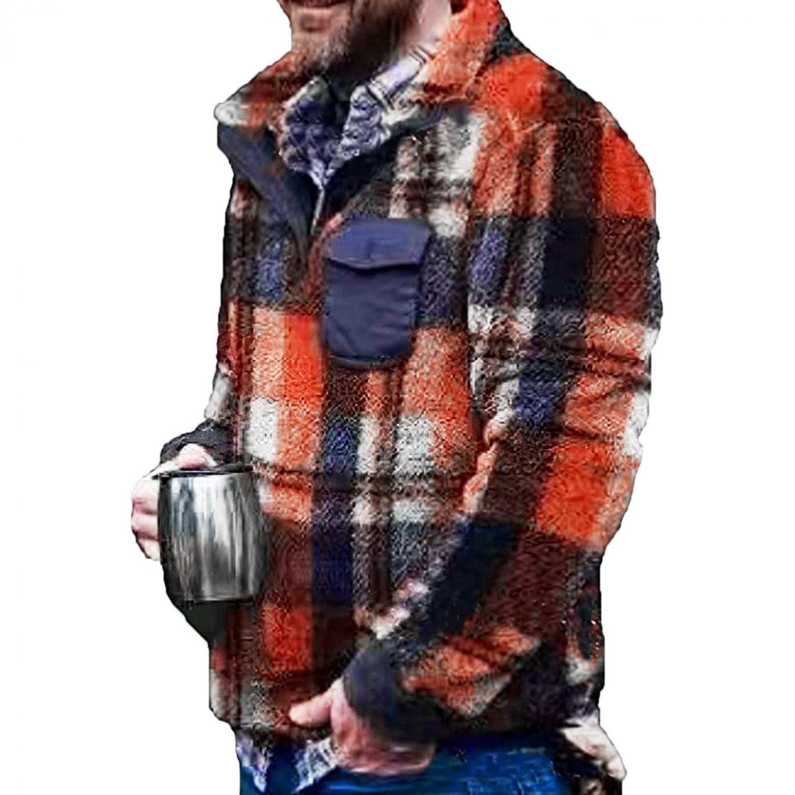 Men's Camo Sherpa Fleece Pullover Sweatshirt with Button Collar - Warm Fuzzy Winter Hoodie for Outdoor Camping & Casual Wear