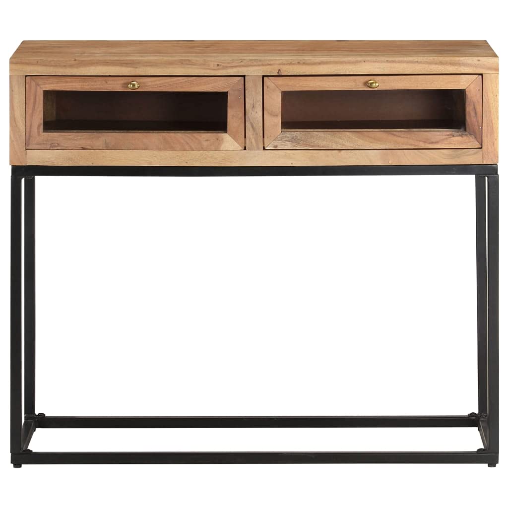 Industrial Console Table with Glass Drawer - Solid Acacia Wood Entryway Table 35.4