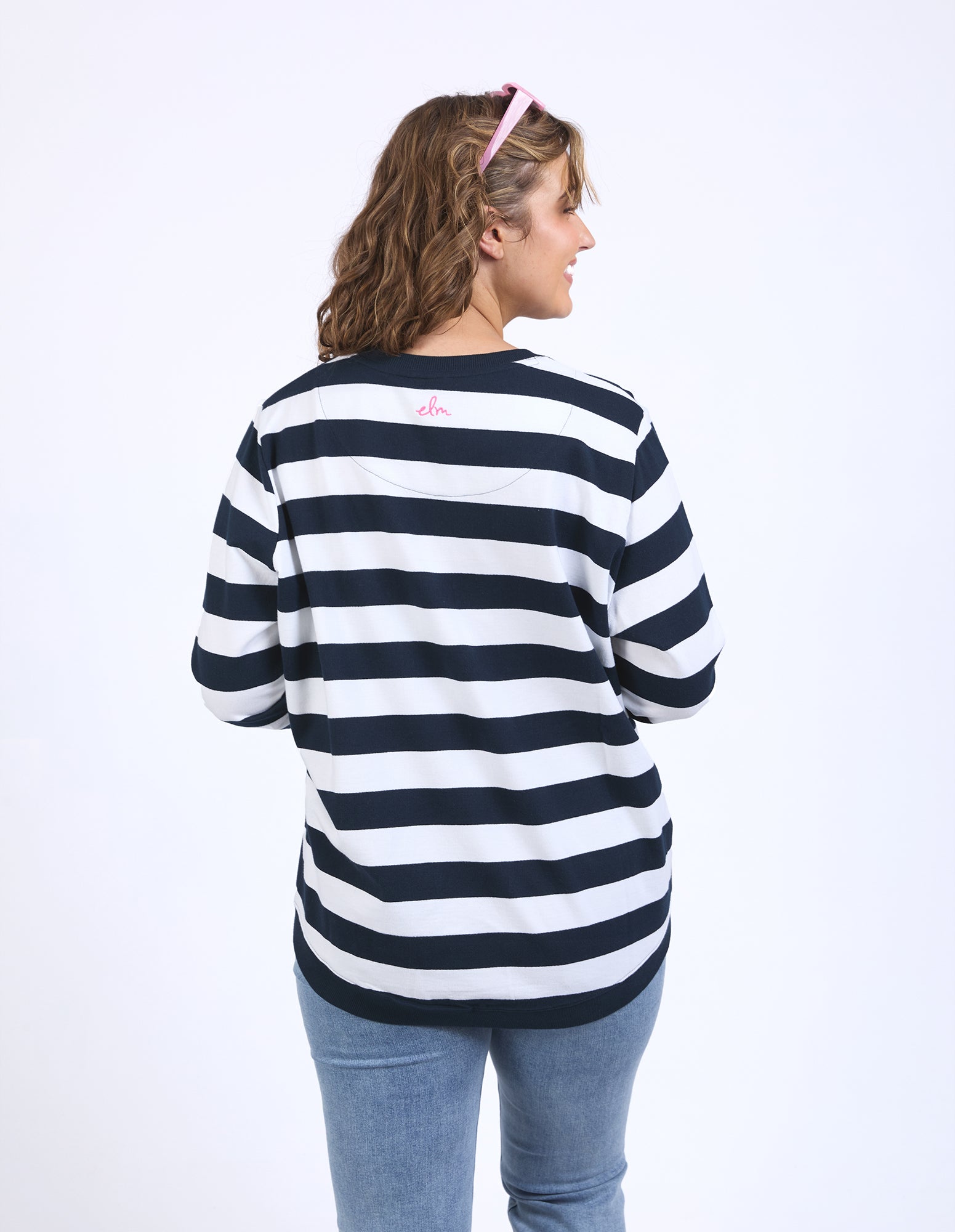 Elm Liner Heart Crew Neck Sweater - Navy & White Striped Casual Pullover for Women | Perfect for Fall Layering, Office Wear & Weekend Outfits