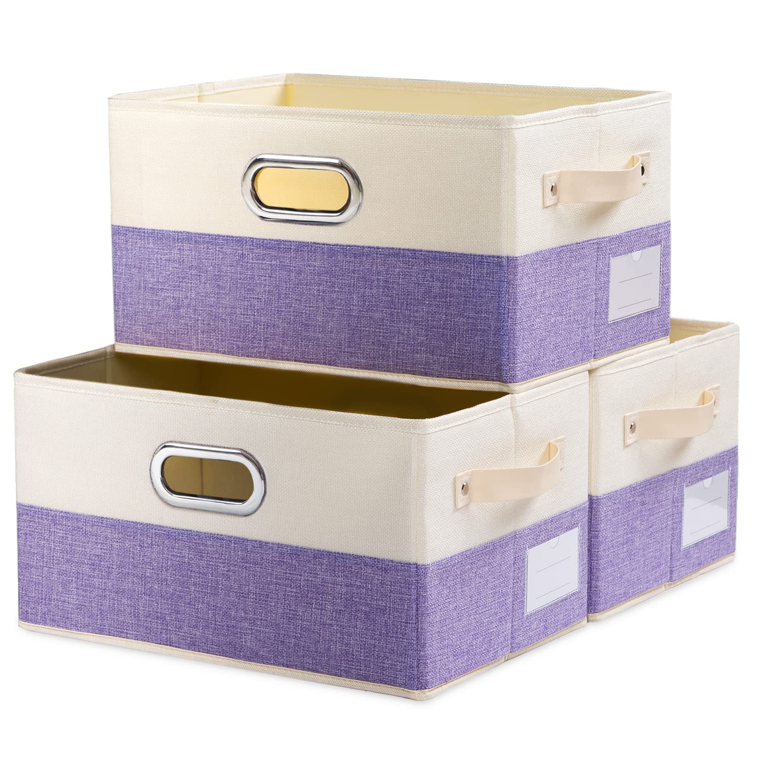 PRANDOM Large Foldable Storage Bins for Closet [3-Pack] - Decorative Fabric Storage Baskets with Leather & Metal Handles - Organizer for Shelves, Bedroom, Living Room - Purple & Cream (14.9x9.8x8.3 Inch) - Perfect for Home Organization & Space Saving