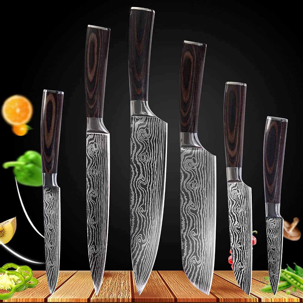 Premium Damascus Steel Japanese Chef Knife Set - 6-Piece Kitchen Knives with Santoku, Utility & Slicing Knives for Professional Cooking & Food Prep | Ideal for Home Chefs & Culinary Enthusiasts | BY ZZYY (Color: 6 Pcs Set 02)