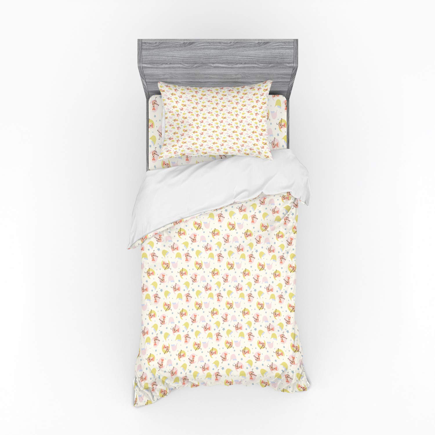 Ambesonne Fox Duvet Cover Set - Funny Cartoon Animal Playing Guitar with Stars Design, 3-Piece Bedding Set with Pillow Sham & Fitted Sheet, Twin Size, Rose Multicolor - Perfect for Kids' Room, Teen Bedroom & Whimsical Home Decor