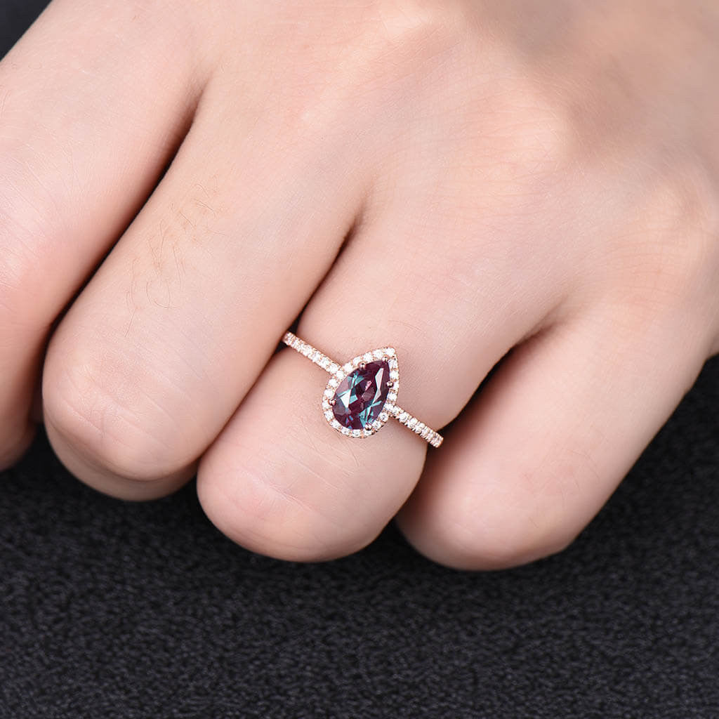 5x8mm Pear Shaped Alexandrite Halo Diamond Engagement Ring for Women - Perfect for Proposals, Anniversaries & Special Occasions