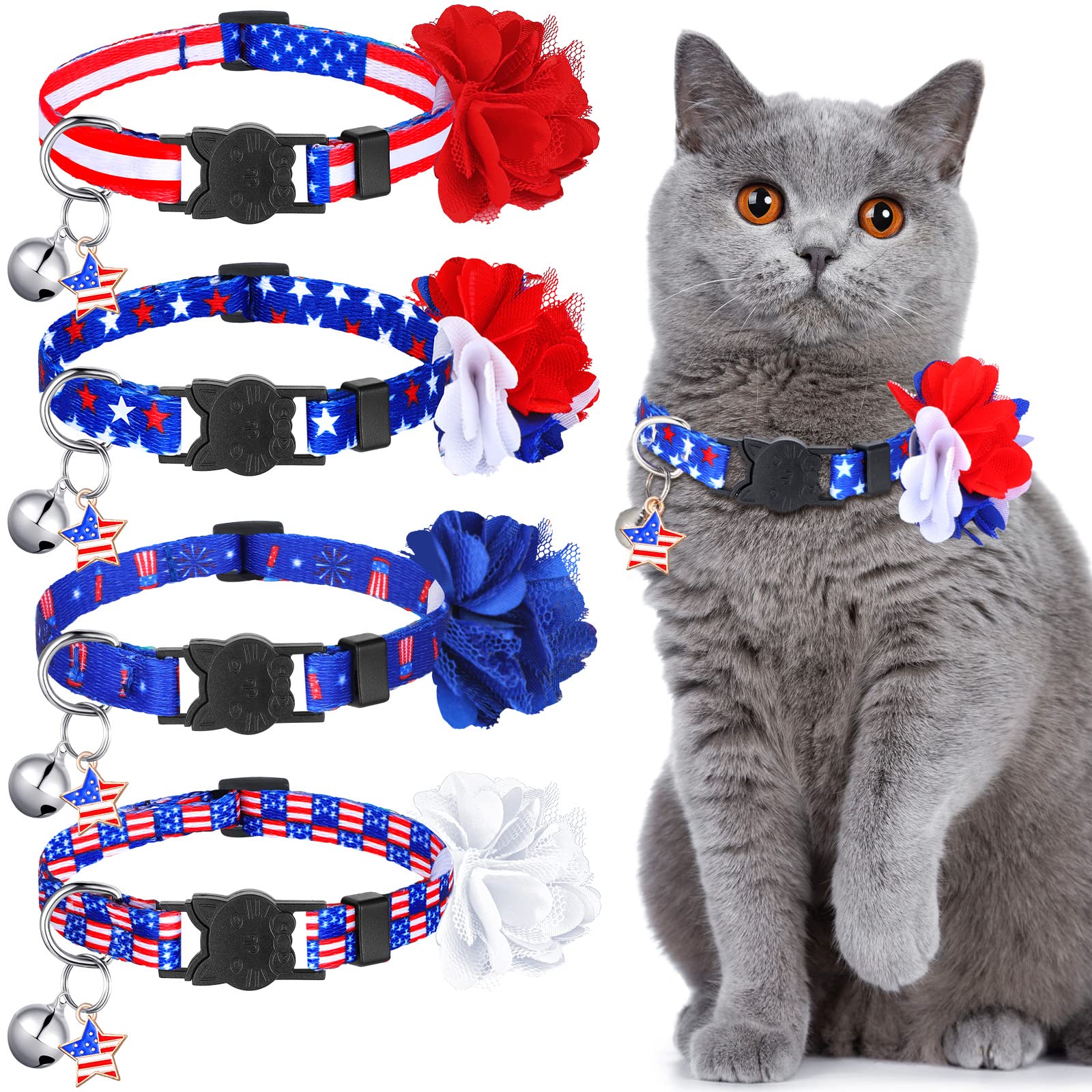 4 Pcs Breakaway Cat Collars with Bell & Removable Flowers - Adjustable Quick Release Pet Collars for Cats & Dogs (Star, Stripes, Pumpkin, Ghost Patterns) - Perfect for Halloween, Daily Walks & Pet Safety