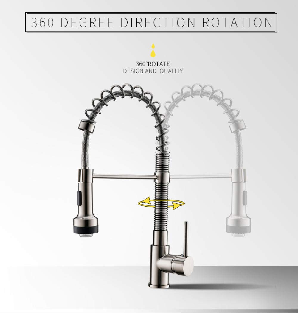 Led Spring Style Brushed Nickel Pull Down Kitchen Faucet with Brass Swivel Tap for Hot and Cold Water Mixer, Ideal for Modern Home Kitchens and Sink Upgrades