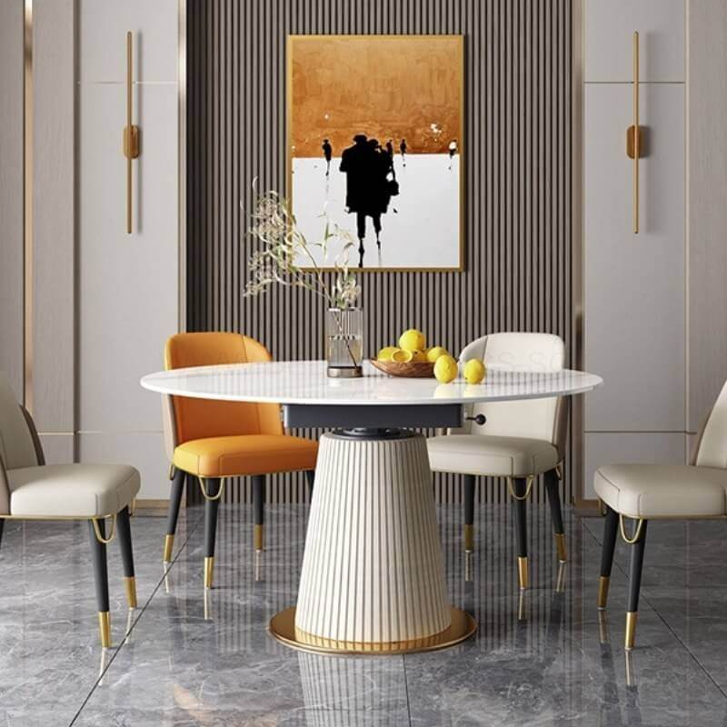 Extendable Round Sintered Stone Dining Table - Modern Expandable Kitchen Table for 4-8 People - Perfect for Small Spaces, Dinner Parties & Family Gatherings